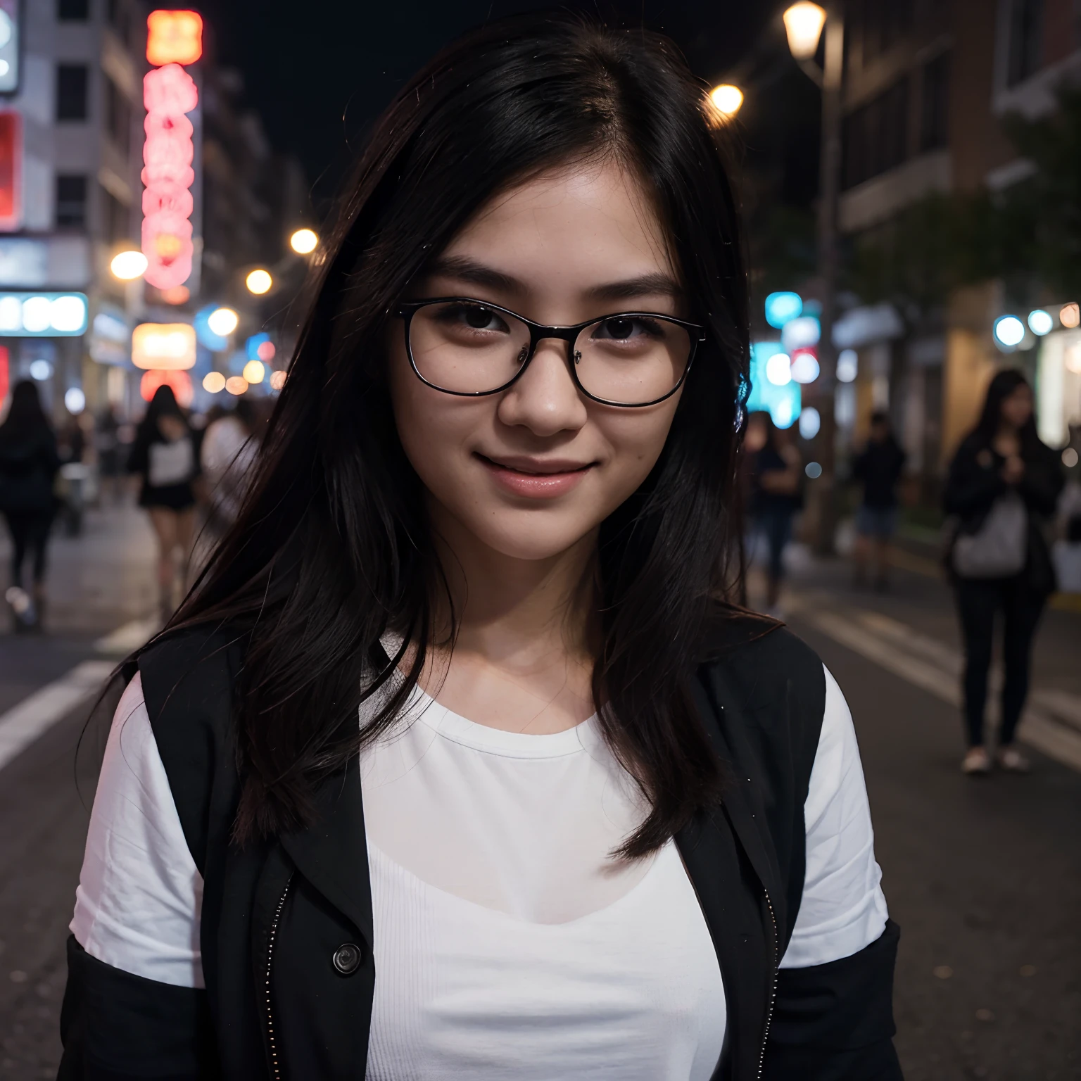 Very young female, half chinese, small slit-eyed, glasses, black hair, flawless white skin, long hair, photorealistic, best quality, hyper detailed, middle school student, beautiful woman, selfie photo, upper body, solo, wearing black clothes, smiling at city street, midnight photo, without makeup, school, looking at viewer, skin texture, film grain, close up, ultra high res, best shadow, RAW, instagram LUT
