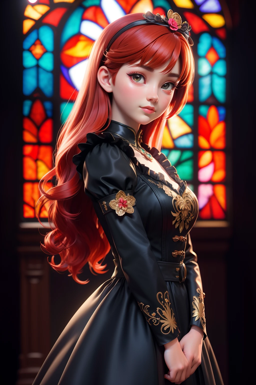 3dmm style, (masterpiece, best quality), intricate details, 1girl, solo, red hair, flower hair clip, black dress, looking at the viewer, Stained glass style art of full body portrait of beautiful girl in costume 、colourfull、Photorealsitic、highcontrast、Highly detailed background, Realistic,ultra-detailed, super detailed skin, light glow, Film grain, Expro II, Lens Flare, Sharpen, cinematic shadow
