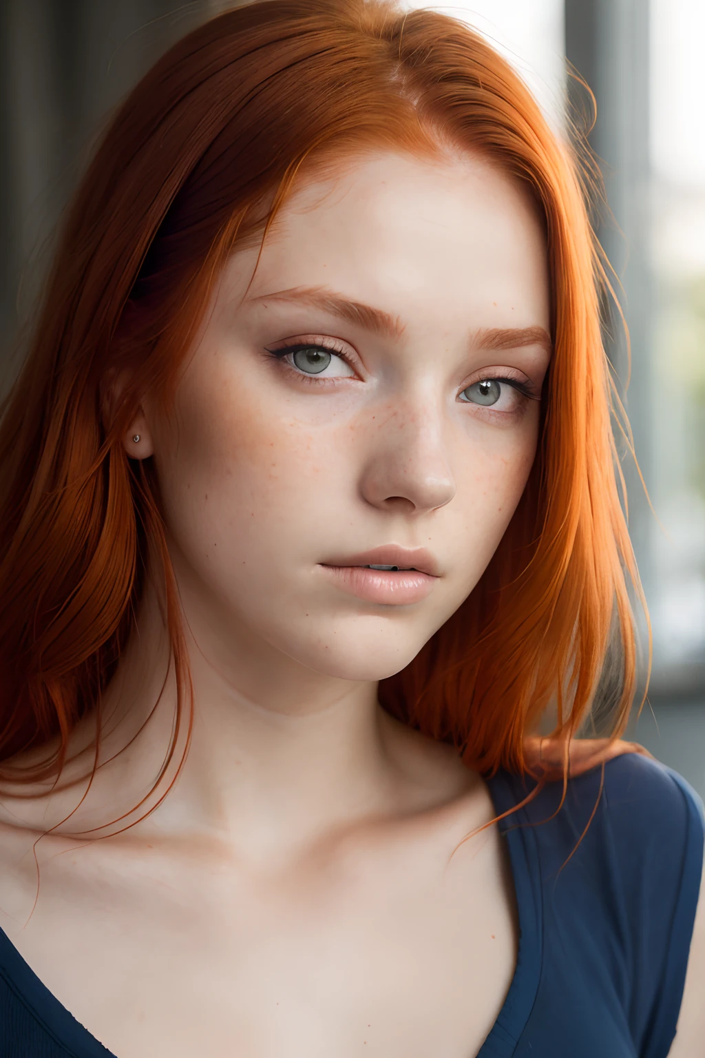 Raw, Photo of a seductive teenager with a free style, (redhead hair:1.2), bored, She wears a blue top, mascara, close up face, (Textured skin, pores skin:1.1), imperfect skin, goosebumps on skin, flawless face, (sun-kissed:1.1), ((Photorealistic):1.1),