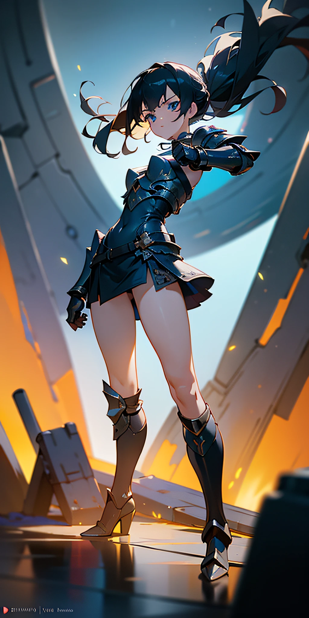 Full body view, (masterpiece, best quality), (dramatic), gritty, intense, anime character, dynamic fighting pose, 1girl only, black hair, (Hairstyle: tied), (Wearing futuristic armor), Armored gauntlets, with 50% miniskirt, Knee-high boots with high heels, fringe covers the left eye, a closed fist, Beautiful and symmetrical face, Beautiful bright blue eyes, vibrant colors, Night, highest quality digital art, Unparalleled masterpiece, dynamic lighting, epic, Cowboy shot, (intricate details), Canon EOS R50 camera with Canon R50 RF-S 50mm IS STM lens