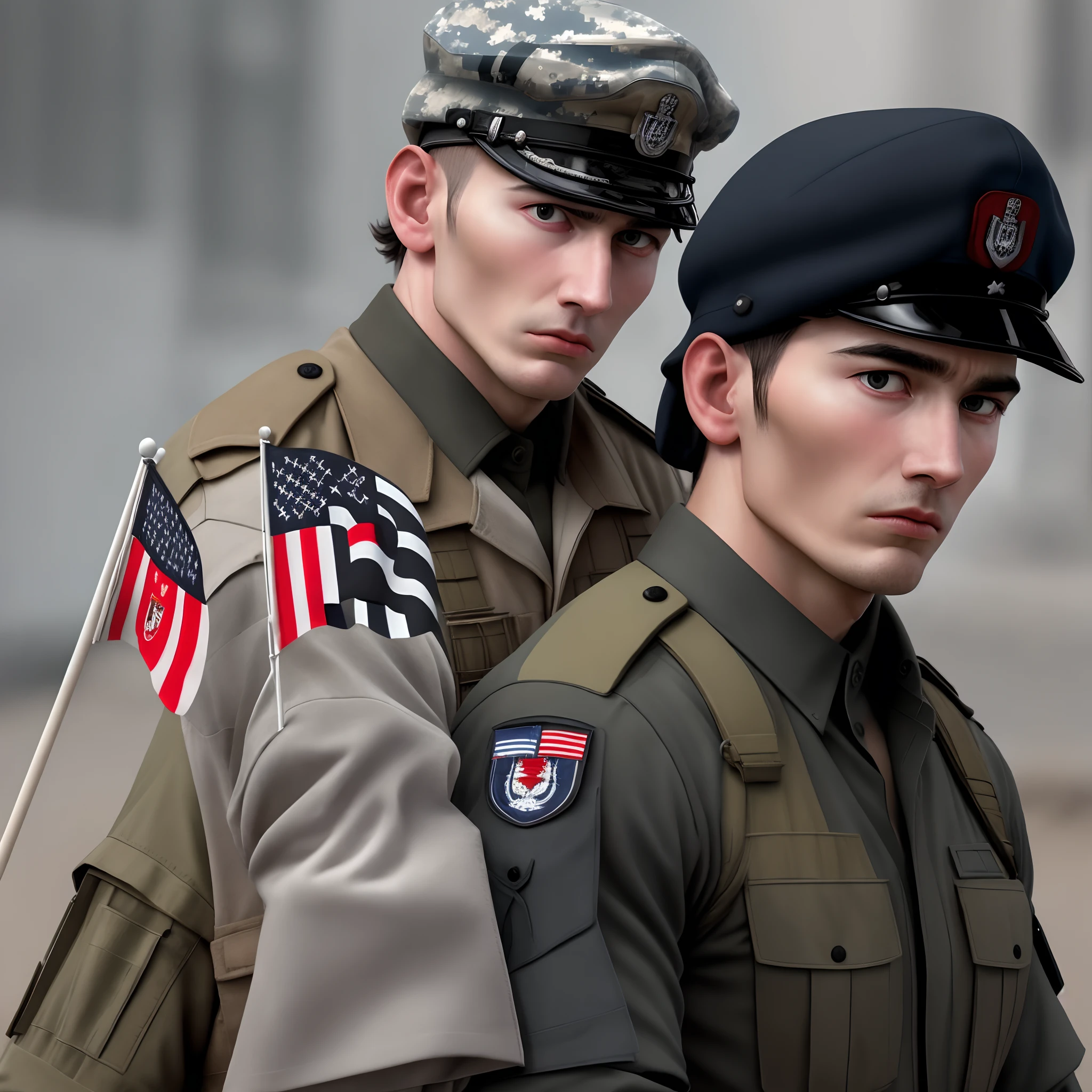 Soilders holding flags in the shape of an x black white sad realistic