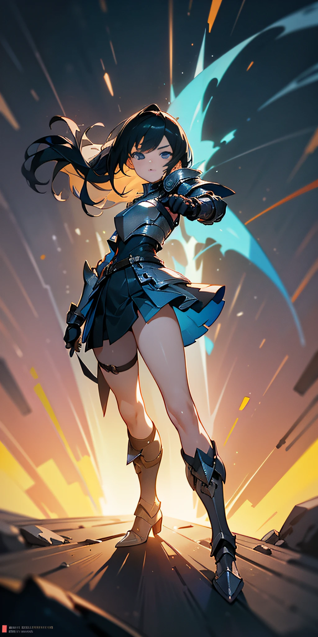 Full body view, (masterpiece, best quality), (dramatic), gritty, intense, anime character, dynamic fighting pose, 1girl only, black hair, (Hairstyle: tied), (Wearing futuristic armor), Armored gauntlets, with 50% miniskirt, Knee-high boots with high heels, fringe covers the left eye, a closed fist, Beautiful and symmetrical face, Beautiful bright blue eyes, vibrant colors, Night, highest quality digital art, Unparalleled masterpiece, dynamic lighting, epic, Cowboy shot, (intricate details), Canon EOS R50 camera with Canon R50 RF-S 50mm IS STM lens