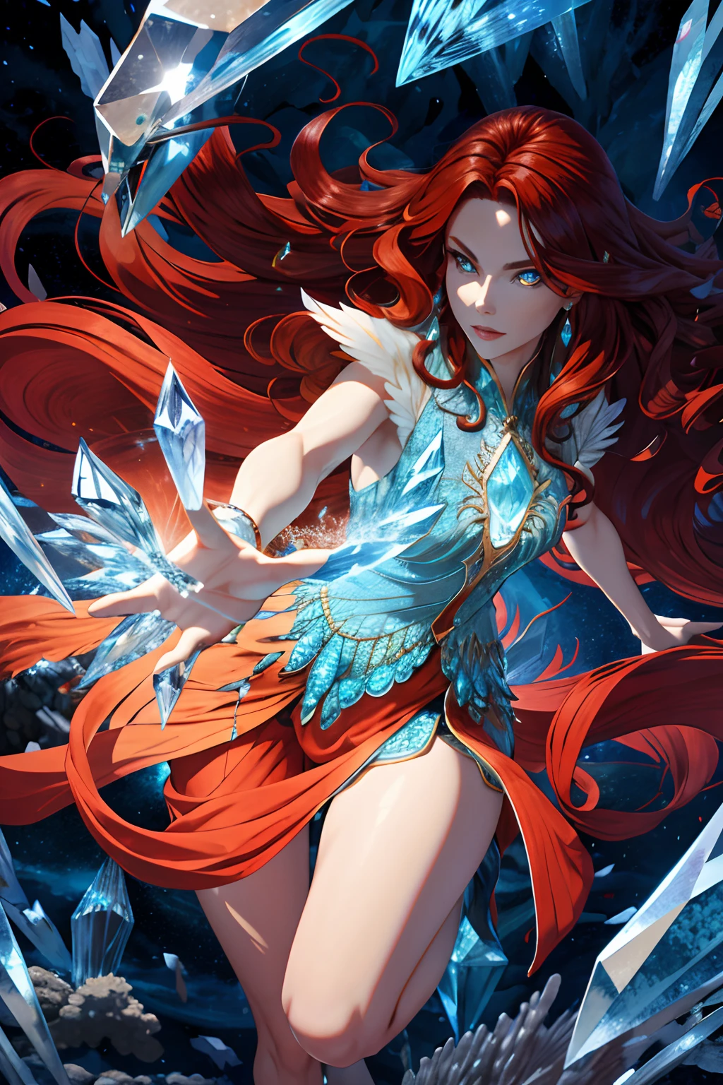 ,highres, ultra detailed), 1woman, wavy long hair, auburn hair, coral eyes, bangscrystal sorcerer, dynamic pose, earth themed clothessurrounded by blue magical crystalsepic ethereal atmosphere