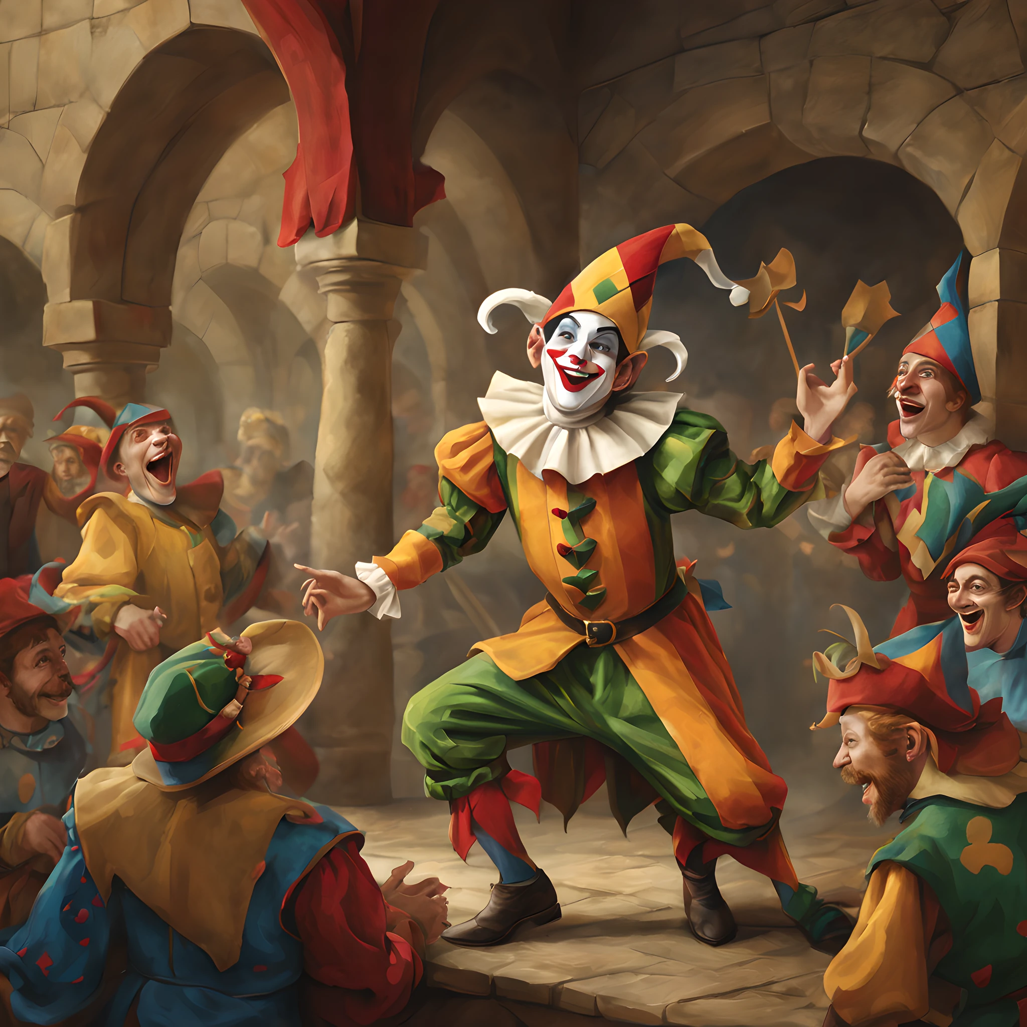 Composition: Craft a lively and engaging composition that captures the spirit of a medieval comedy theater. The composition should be full of energy and humor, setting the stage for the Jester's performance.

Character: Illustrate a mischievous and colorful Jester, dressed in traditional harlequin attire. The Jester should exude charisma and whimsy, ready to entertain with their antics.

Background: Place the Jester in the bustling environment of a medieval comedy theater. Surround them with an enthusiastic audience, grand tapestries, and the rich ambiance of the era. The high-resolution image should bring to life the vibrant and comical world of the Jester.