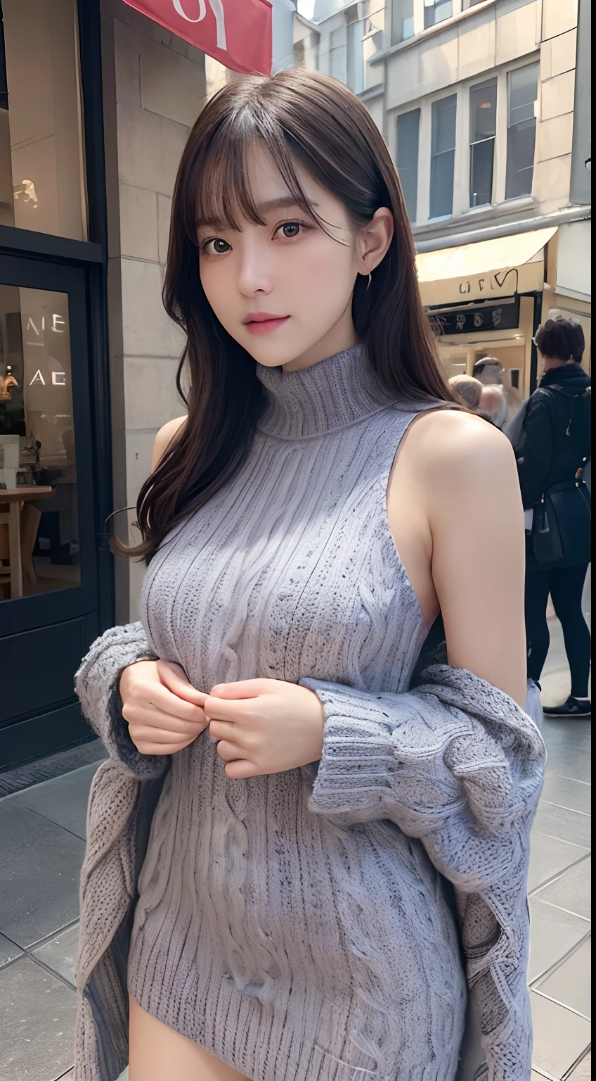 Innocent 18 year old girl、((Oversize High Neck Cable Knit,Short knitted dresses,Thighs are visible,Shoulders are visible,Dramatic poses)),Smile,In front of a café in the city,、Raw photo, (8K、top-quality、​masterpiece:1.2)、(intricate detailes:1.4)、(Photorealsitic:1.4)、octane renderings、Complex 3D rendering ultra detail, Studio Soft Light, Rim Lights, vibrant detail, super detailing, realistic skin textures, Detail Face, Beautiful detail eyes, Very detailed CG Unity 16k wallpaper, make - up, (detailedbackground:1.2), shinny skin, Full body、((From head to thigh)),((Put your hands on your chest,Standing with your knees bent))