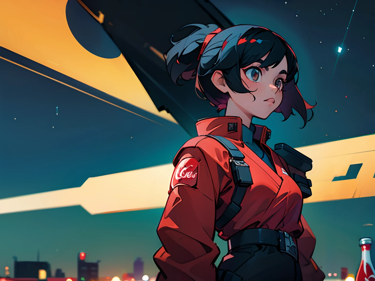 coca-cola if it was a girl character, black hair, ((solo character)), night background