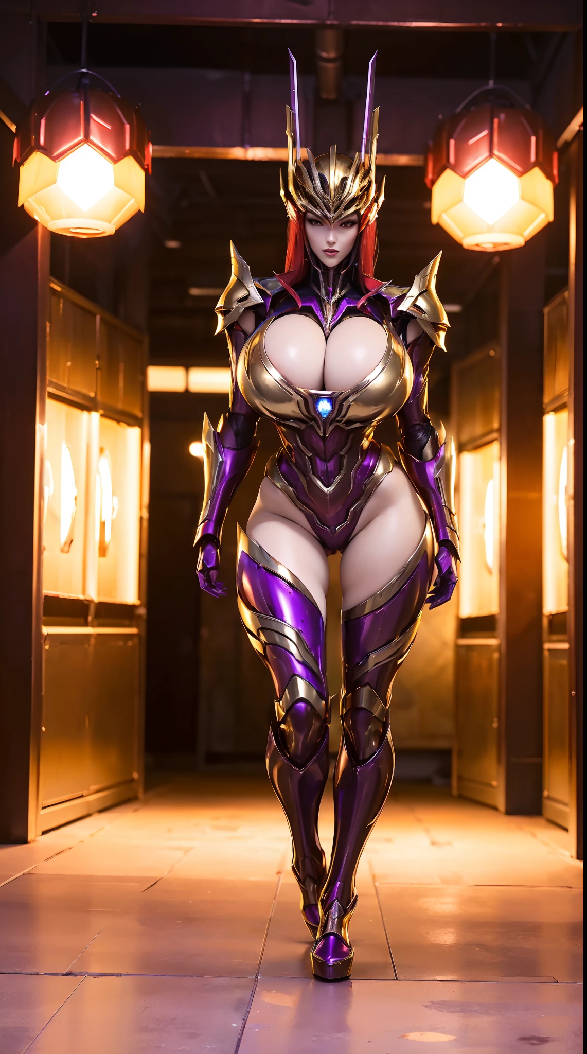 (1GIRL), (ssmile, red_libs, red_hair), (mecha helmet:1.2), (BIG BUTTOCKS, HUGE FAKE BOOBS, CLEAVAGE:1.4), (PHOENIX MECHA GUARD ARM, GLOVES, LONG CAPE:1.3), (purple, red, gold, MECHA CYBER SHINY ARMORED SUIT, MECHA SKINTIGHT PANTS, GUARD ARMOR LEGS, HIGH HEELS:1.5), (MUSCULAR BODY, SEXY LONG LEGS, FULL BODY:1.5), (MUSCLE ABS:1.2), (LOOKING AT VIEWER:1.2), (STANDING HALLWAY OF FUTURISTIC SPACE STATION, BRIGHT LIGHTING:1), PHYSICALLY-BASED RENDERING, ULTRA HIGHT DEFINITION, 16K, 1080P.