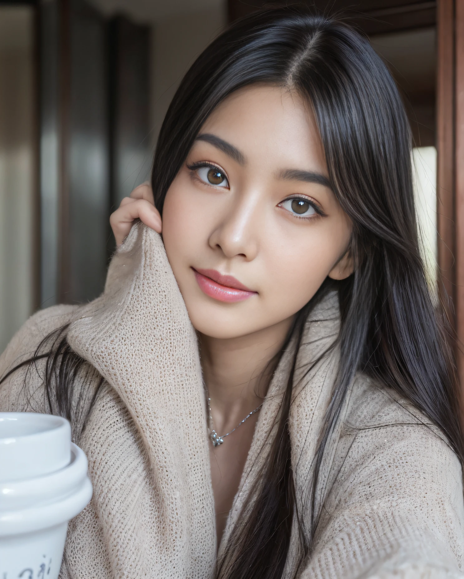 (Masterpiece:1.3)、(8k、Photo Realistic、RAW Photography、top-quality: 1.4)、super definition、anatomically correct、Textured skin、((((1girl、solo))))、((Shooting for one person only))、beautiful countenance、（realistic face）、Korean model(A dark-haired,Center division、Long:1.3）、Chinese models(A dark-haired、Center division、Long:1.3)、More Korean than Chinese、realistic eyes、real looking skin、Beautiful details、Beautiful skins、A charming smile、super high resolution、（hyper-realistic）、anatomically correct、Textured skin、Sharp jawline、perfect proportions 、((plump bust))、Necklace, wearing a white sweater,The fabric of the sweater is white,A cup is placed on the left side