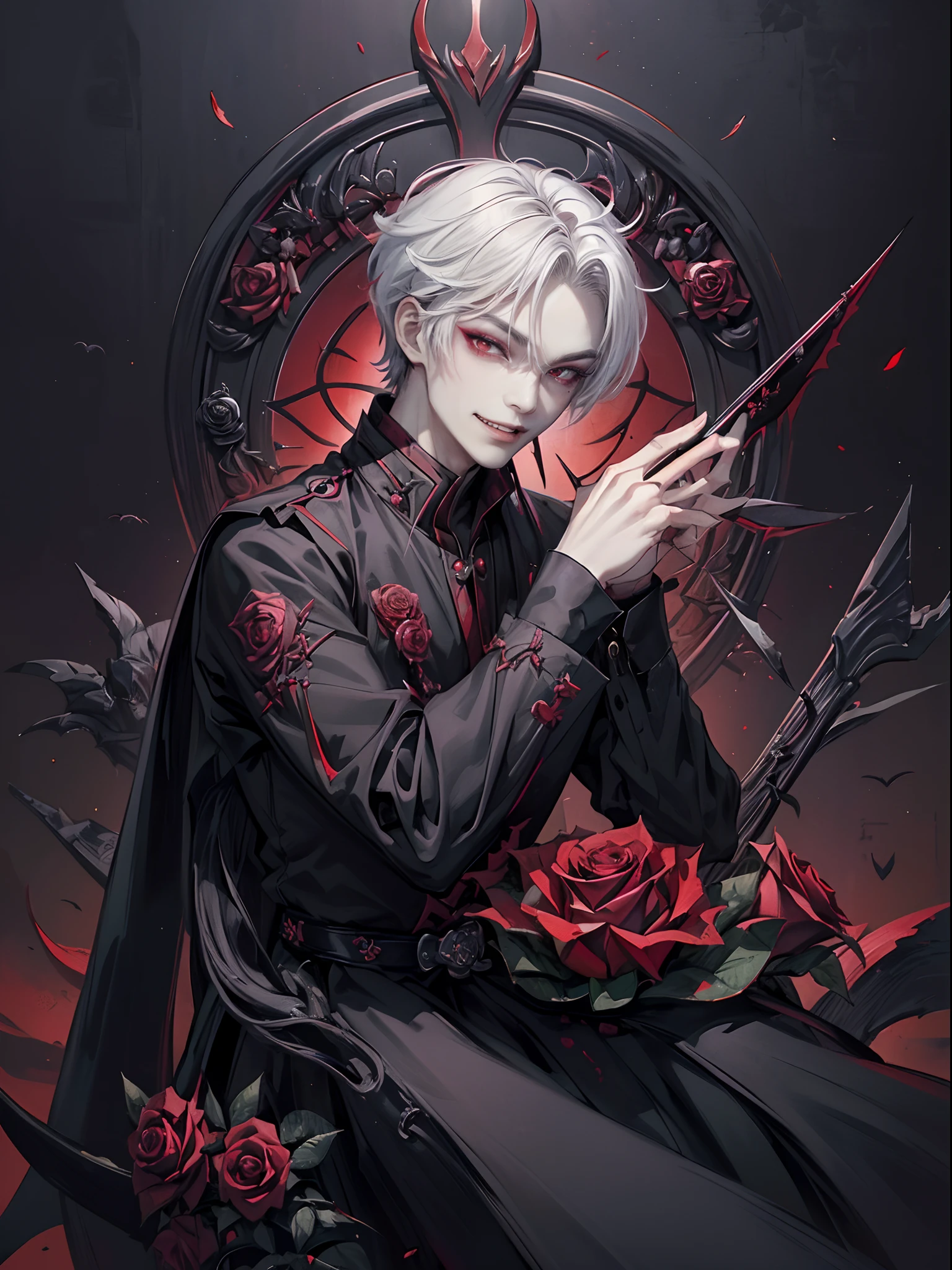 ((4K works))、​masterpiece、（top-quality)、((high-level image quality))、((One beautiful vampire man))、Slim body、((Vampire Black Y-Shirt Fashion))、(Detailed beautiful eyes)、((Red roses and crows on fantastic black background))、Inside the Evil Castle、((Face similar to Chaewon in Ruseraphim))、((short-haired))、((white  hair))、((Smaller face))、((Neutral face))、((Red Eyes))、((Korean Male))、((18year old))、((wild boy))、((Show your teeth and smile))、((Korean makeup with black eyeshadow))、((elongated and sharp eyes))、(((Shot alone)))、((Vampires))、Vampire Photos、Villain、Dark Proof、((Shot diagonally from the side))、Vampire Pose