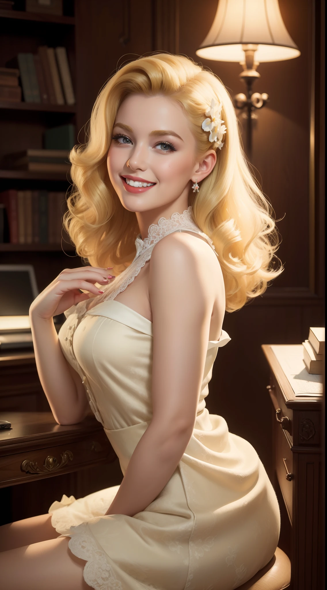 (masterpiece:1.4), (best quality:1.4), retro vintage pin-up style, extremely detailed, intricate, hyper-detailed, illustration, soft lighting, 20 years old girl, Blonde hair_flower, dress, bend_over, grin, (perfect_face), sitting, desk, ornate, intricate, dramatic lighting, 4k, detailed_background, caustics, full_body, digital_illustration.