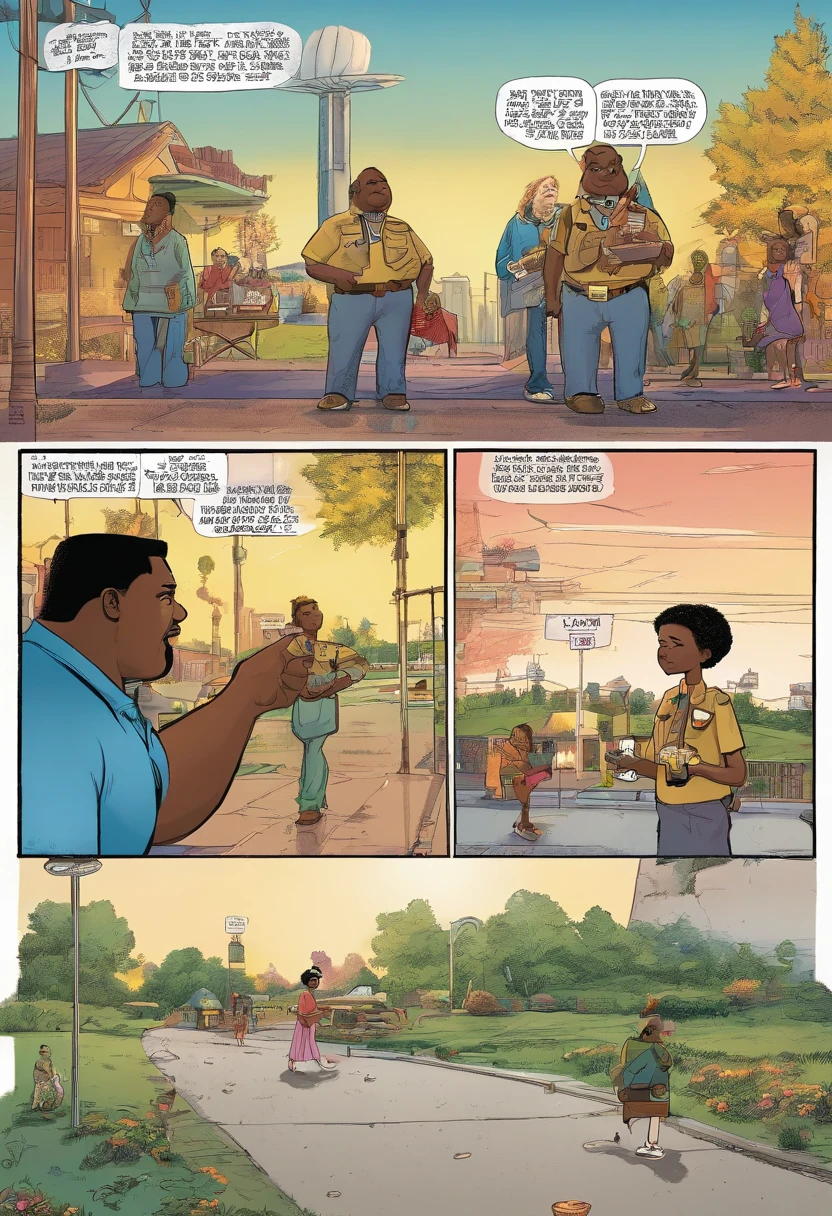 American comics, the comic story is presented in four panels. EDP 445, a large fat black man, is walking alone on a side walk. A young girl in a scout uniform comes up to him and hands him a cupcake, he pays for the cupcake and eats it.