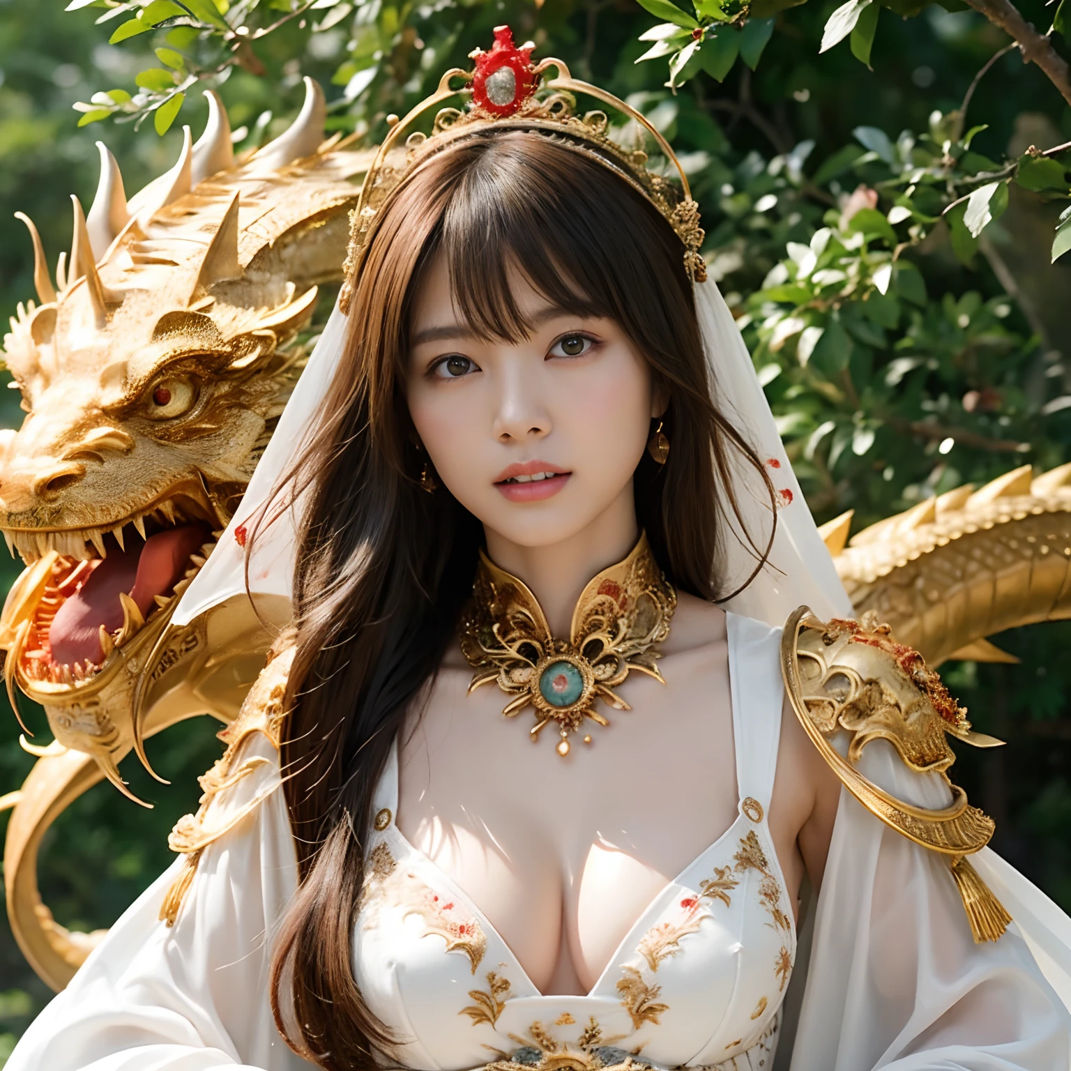 (Fight fiercely with dragons)、top-quality、masterpiece、超A high resolution、(White Dragon Armor)、dragon armor、(Wearing a beautiful crown made of jewels),(Photorealsitic:1.4)、Raw photo、1人、Golden hair、glowy skin、(((Chinese Dragon)))、(Gorgeous Jewelry Necklaces)、(Mystical expression)、(Fight big dragons)、With a beautiful knife、(White Metal Bikini)、(beautiful forest background)、Precipitous cliffs、(Small LED)、((super realistic details))、portlate、globalillumination、Shadow、octan render、(One-Eyed Scouter)、8K、ultrasharp、Colossal tits、Raw skin is exposed in cleavage、metals、Details of complex ornaments、Japan details、highly intricate detail、Realistic light、CGSoation Trends、Red Eyes、radiant eyes、Facing the camera、neon details、(Mechanical limbs)、(blood vessels connected to tubes)、Mechanical vertebrae attached to the back、mechanical cervical attaching to neck、(Wires and cables connecting to the head)、Gundam、Small LED、,Mechanical thighs、Toostock、(Hands are also made of machines)、(veils)、