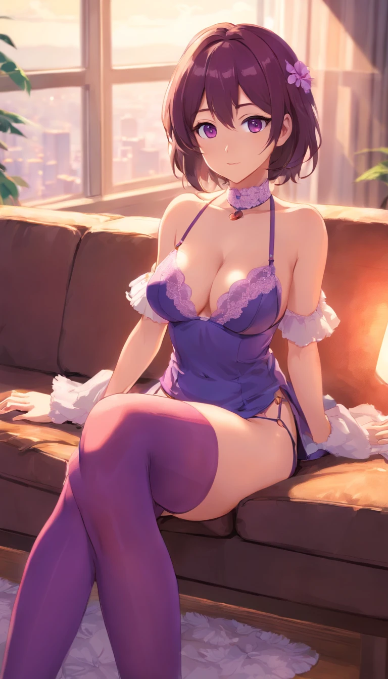 best qualtiy, tmasterpiece, 超高分辨率, realisticlying, 1girll, Claret long hair,Heterochromic pupils,Long legs,a ball head,(Lace lingerie big breasts),Purple stockings,Slightly drunk,Black heels,Raise your hands and quilt,sitting in the couch,wide angles