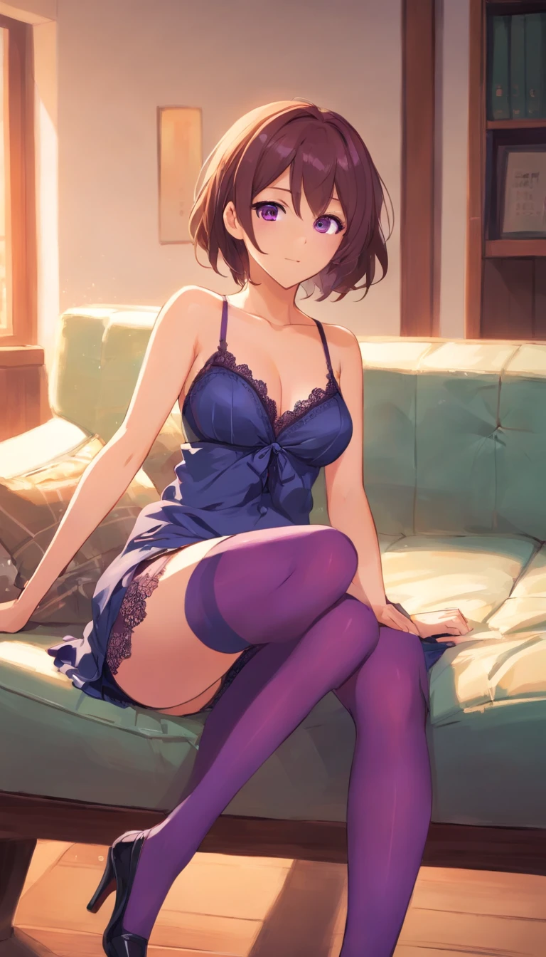 best qualtiy， tmasterpiece， 超高分辨率， realisticlying， 1girll， Claret long hair，Heterochromic pupils，Long legs，a ball head，（Lace lingerie big breasts），Purple stockings，Slightly drunk，Black heels，Raise your hands and quilt，sitting in the couch，wide angles