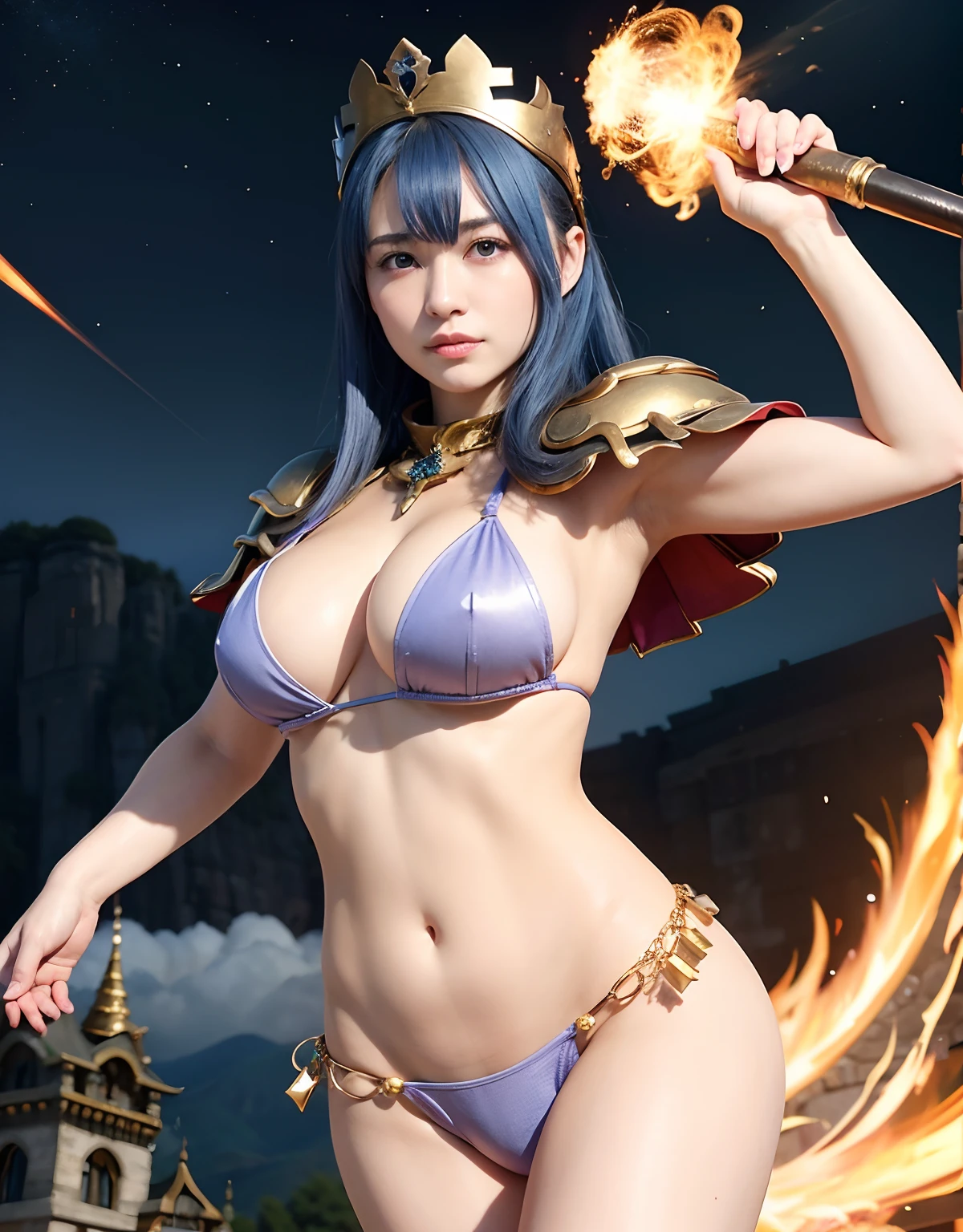 Professional , masterpiece、top-quality、photos realistic , 、top-quality、超A high resolution、(Photorealsitic:1.4)、Raw photo、depth of fields (Gemstone Gold Bikini Armor:1.9),(Matte White、Toostock、cleavage of the breast、(cleavage of the breast)、(Detailed Bikini Armor)、(Have the strongest weapon)、((Random Hairstyles 1.6),Dark Fantasy,)explosions、intense fighting、(Precipitous cliffs),Dragon Gold Weapon,Mystical expression、Particles of light、Fight dragons、(Detailed Dragon Helmet),Gorgeous Silver Weapons ,(( Dragon's dense and gorgeous sword)) , Beautiful knife ,warhammer 40k ,Detail and gorgeous crown、((Blue hair))、(Castle background)、、((Gangle's forest background))、Beautiful Caucasian beauty、1a person、dynamic ungle,((()))、Smaller head、A smile、Castle background、Thin and beautiful female hands、cleavage of the breast、Soldier in iron armor on background、Mystical expression、Light Effects、intense fighting、Wind-effect、magic circles、With the legendary magic wand、(demonic wings)、Toostock、
