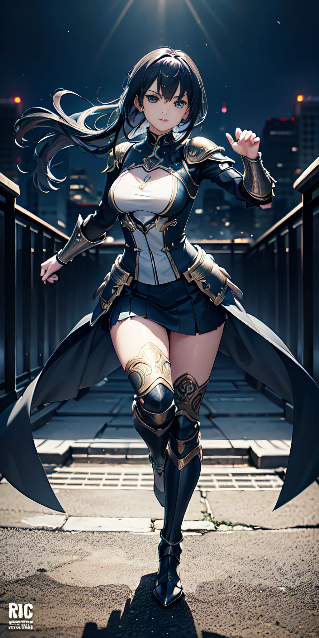 Full body view, (masterpiece, best quality), (dramatic), gritty, intense, anime character, dynamic fighting pose, 1girl only, black hair, (Hairstyle: tied), (80% Wearing futuristic armor), Armored gauntlets, with 50% miniskirt, Knee-high boots with high heels, fringe covers the left eye, a closed fist, Beautiful and symmetrical face, Beautiful bright blue eyes, vibrant colors, Night, highest quality digital art, Unparalleled masterpiece, dynamic lighting, epic, Cowboy shot, (intricate details), Canon EOS R50 camera with Canon R50 RF-S 50mm IS STM lens