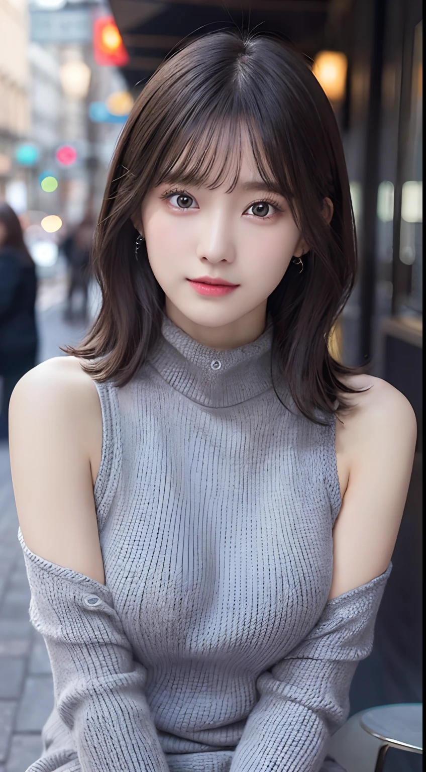 Innocent 18 year old girl、((Black Oversize High Neck Cable Knit,Short knitted dresses,Thighs are visible,Shoulders are visible,Dramatic poses)),Smile,In front of a café in the city,、Raw photo, (8K、top-quality、​masterpiece:1.2)、(intricate detailes:1.4)、(Photorealsitic:1.4)、octane renderings、Complex 3D rendering ultra detail, Studio Soft Light, Rim Lights, vibrant detail, super detailing, realistic skin textures, Detail Face, Beautiful detail eyes, Very detailed CG Unity 16k wallpaper, make - up, (detailedbackground:1.2), shinny skin, Full body、((From head to thigh)),((Bring your chest together,Pinching the chest,Sit with your crotch wide,I can see my panties))