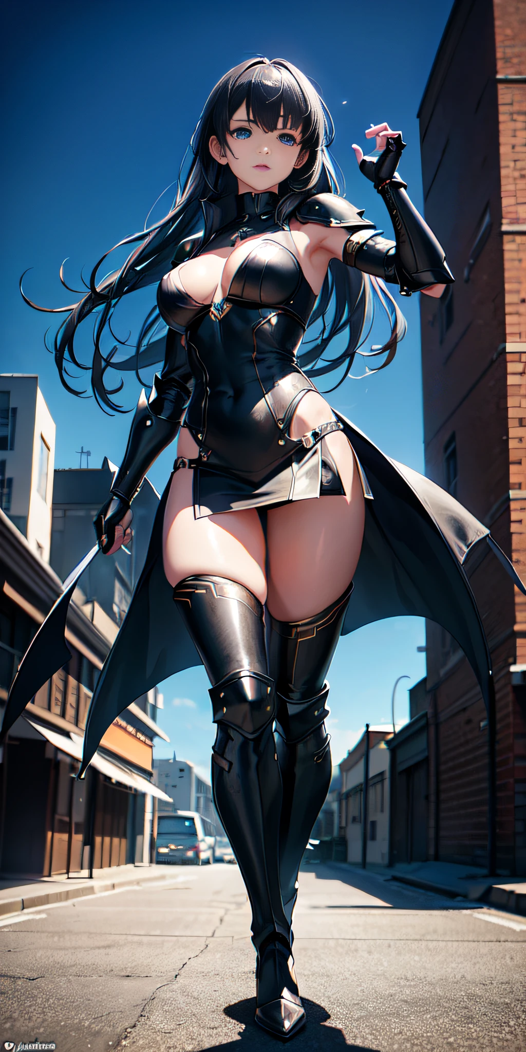 Full body view, (masterpiece, best quality), (dramatic), gritty, intense, anime character, dynamic fighting pose, 1girl only, black hair, (Hairstyle: tied), (80% Wearing futuristic armor), Armored gauntlets, with 50% miniskirt, Knee-high boots with high heels, fringe covers the left eye, a closed fist, Beautiful and symmetrical face, Beautiful bright blue eyes, vibrant colors, Night, highest quality digital art, Unparalleled masterpiece, dynamic lighting, epic, Cowboy shot, (intricate details), Canon EOS R50 camera with Canon R50 RF-S 50mm IS STM lens