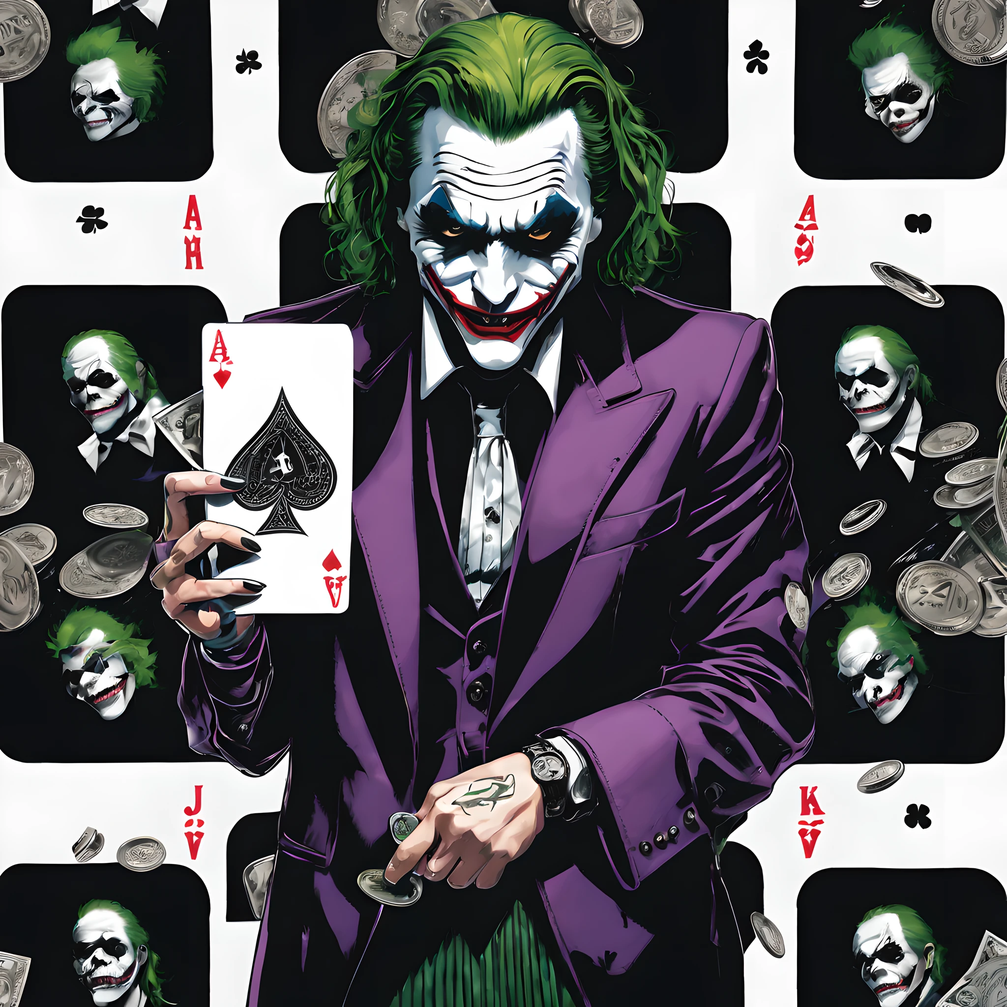 Joker, card, splash playing cards background, at casino, wearing death metal band look, card, dollars, coins, Gotham、