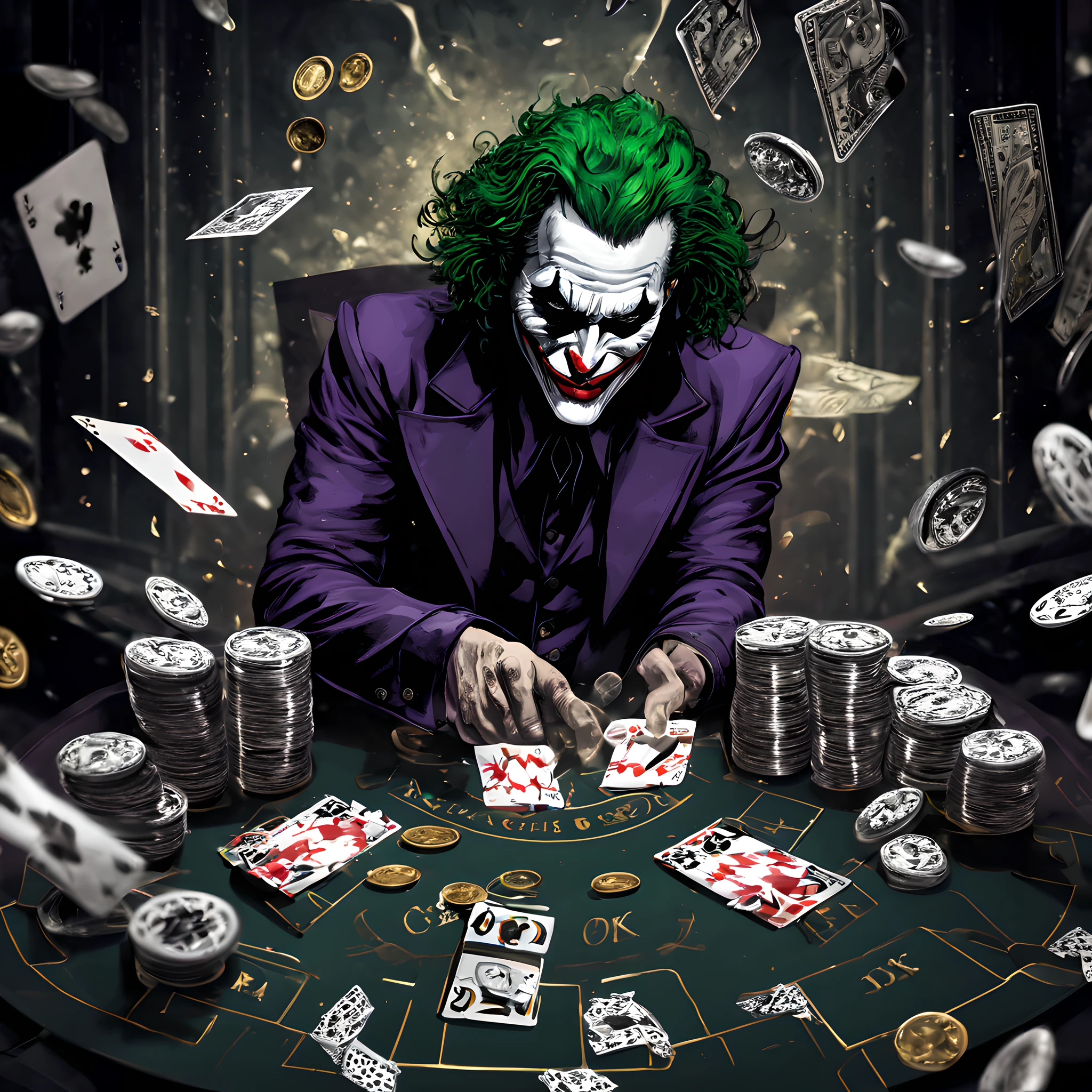 Joker, card, splash playing cards background, at casino, wearing death metal band look, card, dollars, coins, Gotham、