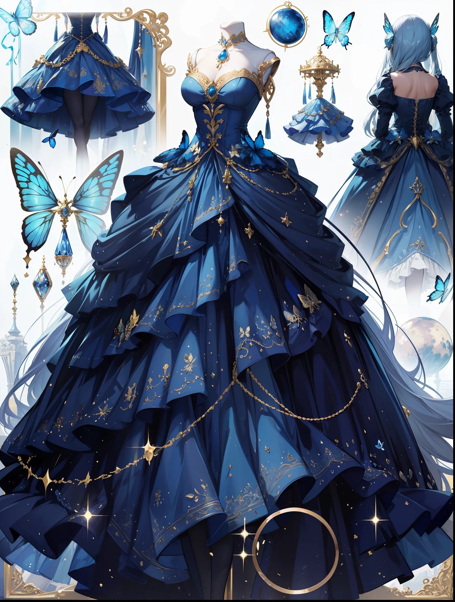 Ultra-realistic photo of a girl in a majestic light blue and golden ball gown dress, Big beautiful dress, Complex puffy ball gown with lots of frills and rhinestones (Best Quality, masutepiece, Blue butterfly, art stations, Fantasy Art:1.2), Palace rooms, Beautiful cute girl, (White long hair:1.1), (Complex short gold skirt, Bare legs:1.2, Full body shot)