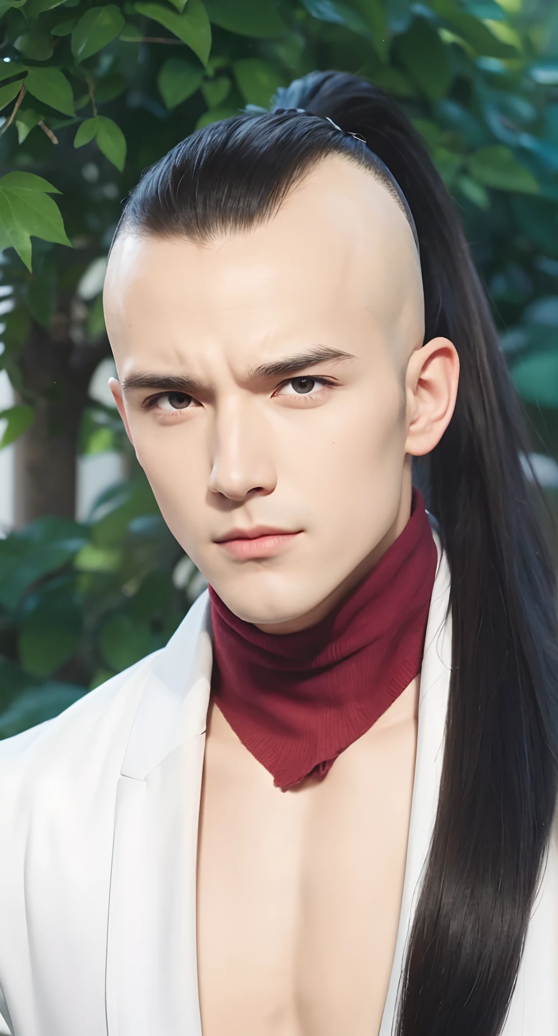 Real life adaption of this character, handsome man face,cool expression,realistic same hair The edges of his hair are bald and the middle and ponytail back are long,(realistic same outfit), realistic background, hyper realistic, realistic light, realistic shadow, realism,(photorealistic:1.2), looking to viewer, muscular man body, normal ears
