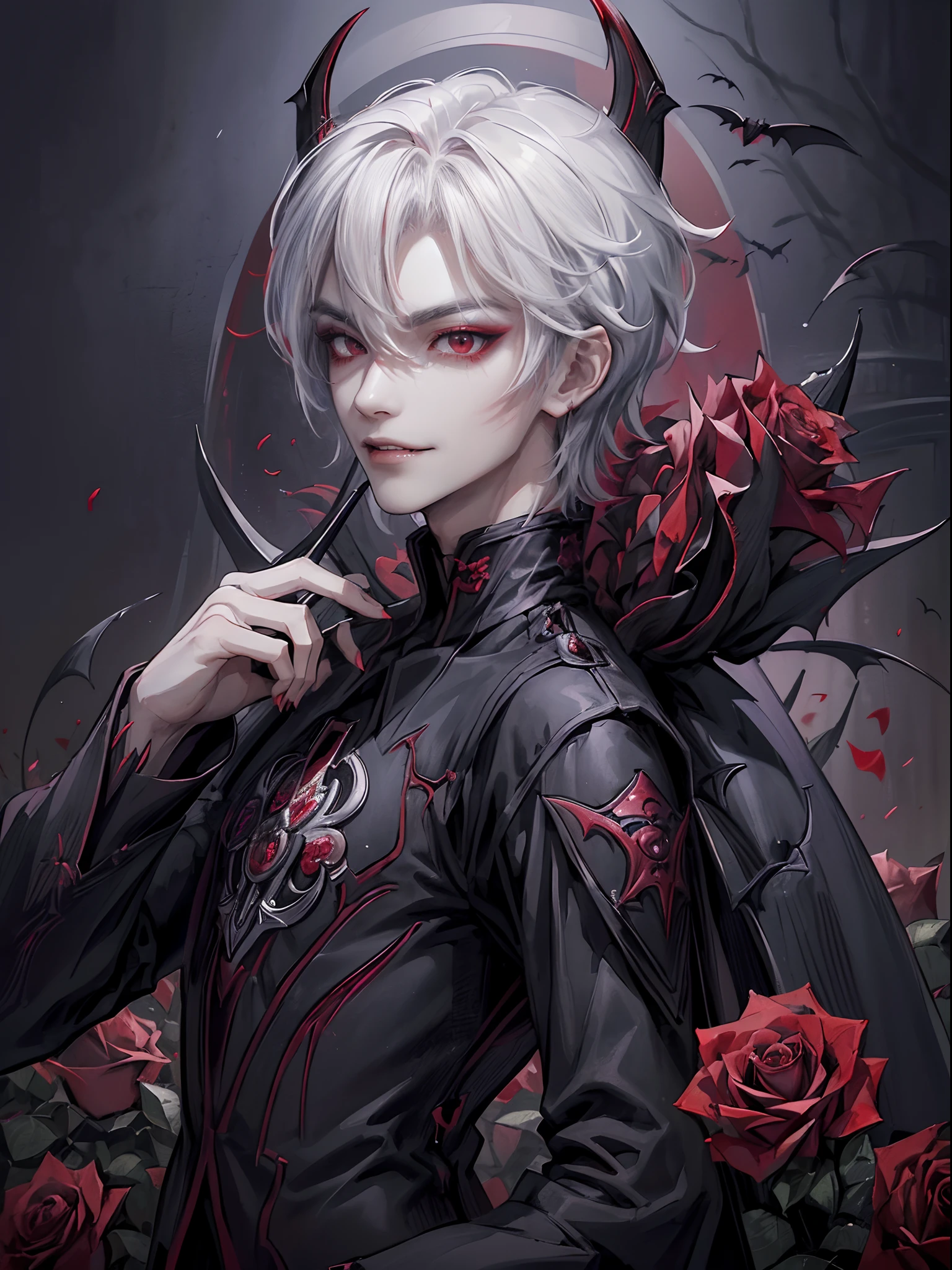 ((4K works))、​masterpiece、（top-quality)、((high-level image quality))、((One beautiful vampire man))、Slim body、((Vampire Black Y-Shirt Fashion))、(Detailed beautiful eyes)、((Red roses and crows on fantastic black background))、Inside the Evil Castle、((Face similar to Chaewon in Ruseraphim))、((short-haired))、(((white  hair)))、((Smaller face))、((Neutral face))、((Red Eyes))、((Korean Male))、((18year old))、((wild boy))、((Show your teeth and smile))、((Korean makeup with black eyeshadow))、((elongated and sharp eyes))、(((Shot alone)))、((Vampires))、Vampire Photos、Villain、Dark Proof、((Shot diagonally from the side))、Vampire Pose