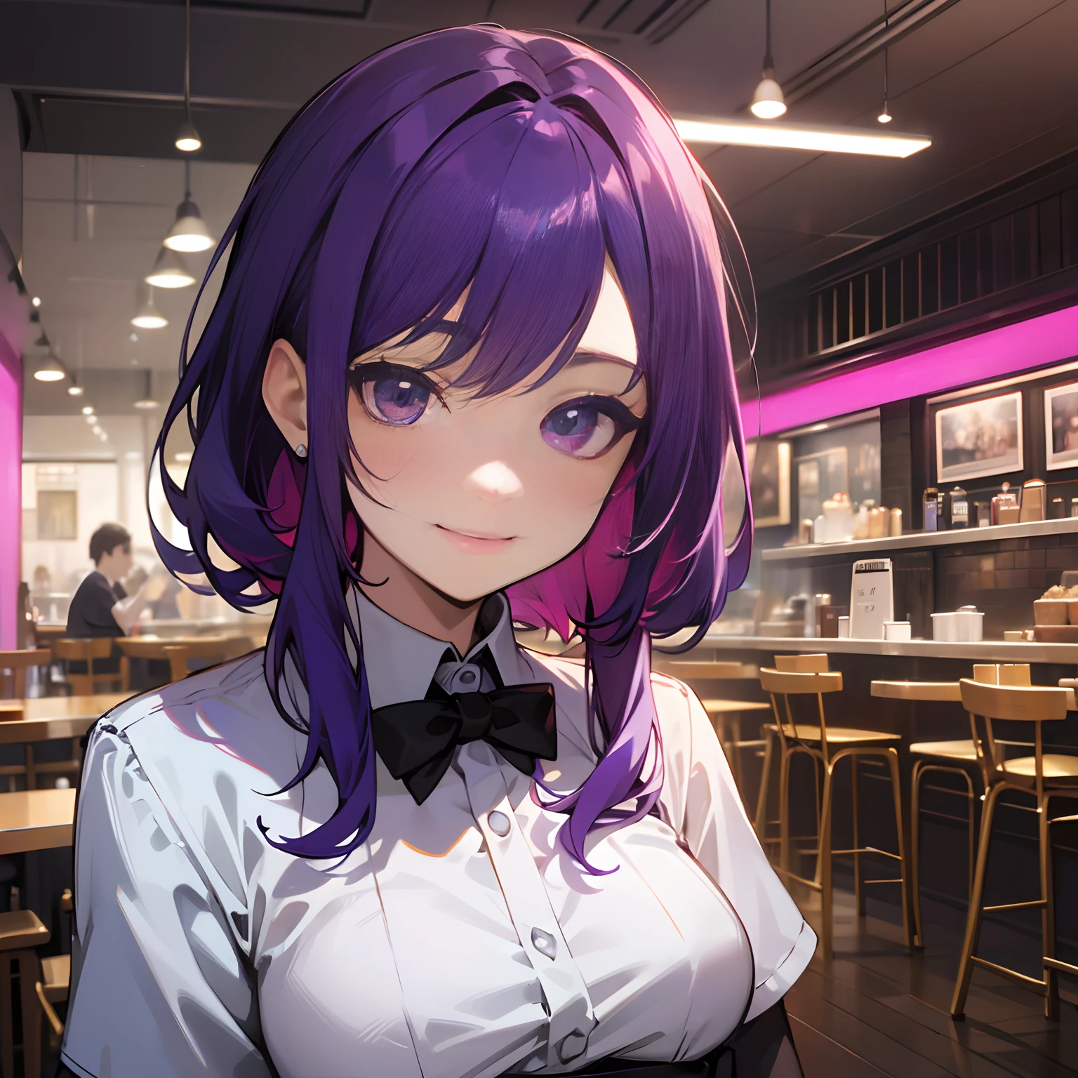 waitress,closed mouth smile,dark purple hair, (hands behind back), cafe background,(best quality,highres),(vivid colors, 4k wallpaper, rich hues:1.1)