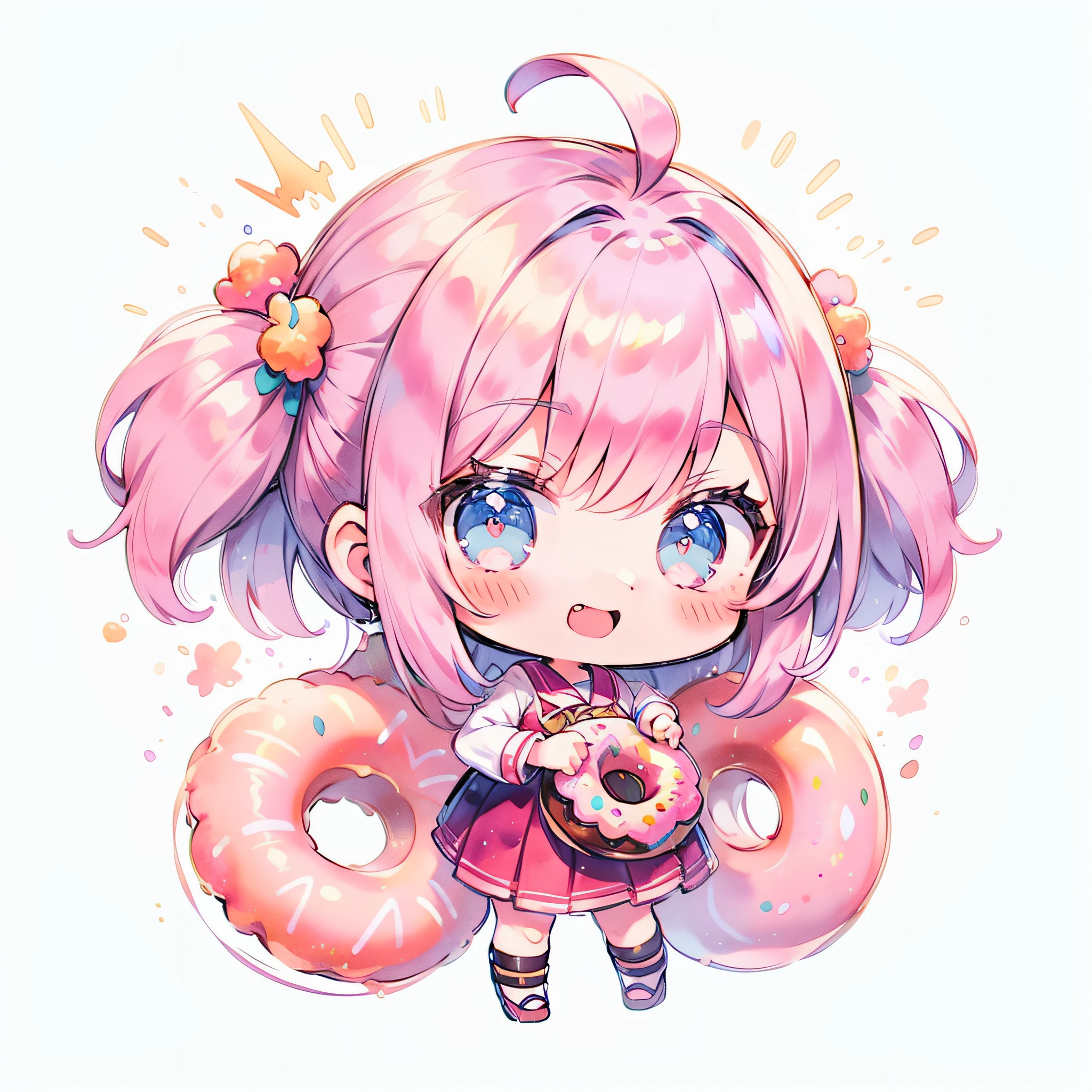 masutepiece, Best Quality, Extremely detailed, Anime, Have a big donut, girl with, Solo, fullllbody, Ahoge, Pink hair, Deformed, Chibi Character, Colorful, Happy