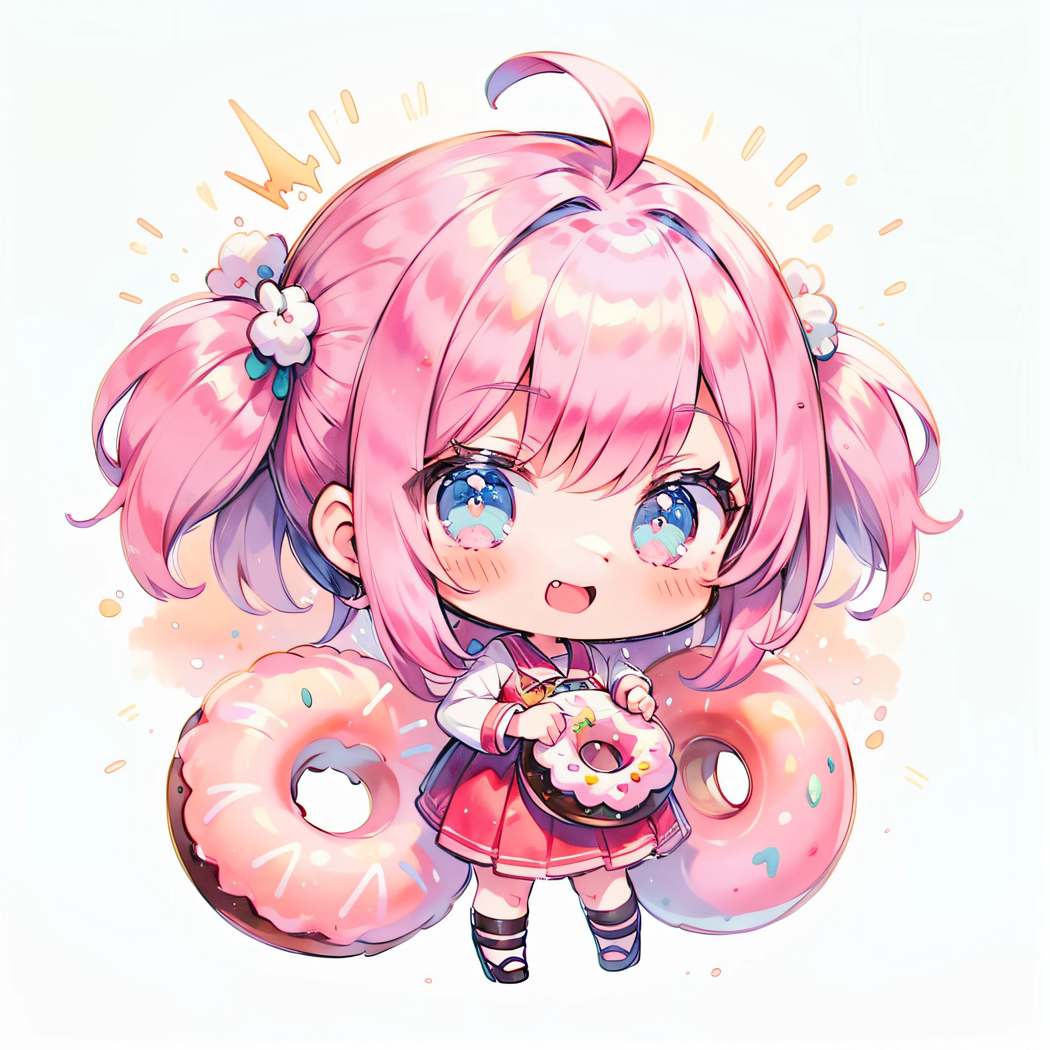 masutepiece, Best Quality, Extremely detailed, Anime, Eat a big donut, girl with, Solo, fullllbody, Ahoge, Pink hair, Deformed, Chibi Character, Colorful, Happy