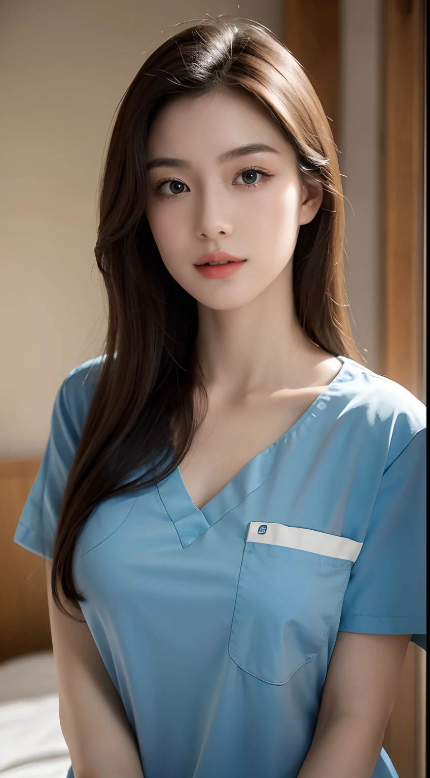 Slender Asian girl, kpop idol, ((nurse)), ((top quality, 8k, masterpiece: 1.3)), crisp focus: 1.2, beautiful woman with perfect figure: 1.4, highly detailed face and skin texture, detailed eyes, ((skinny)), beautiful face, symmetrical face, full-length, sexy, almost naked