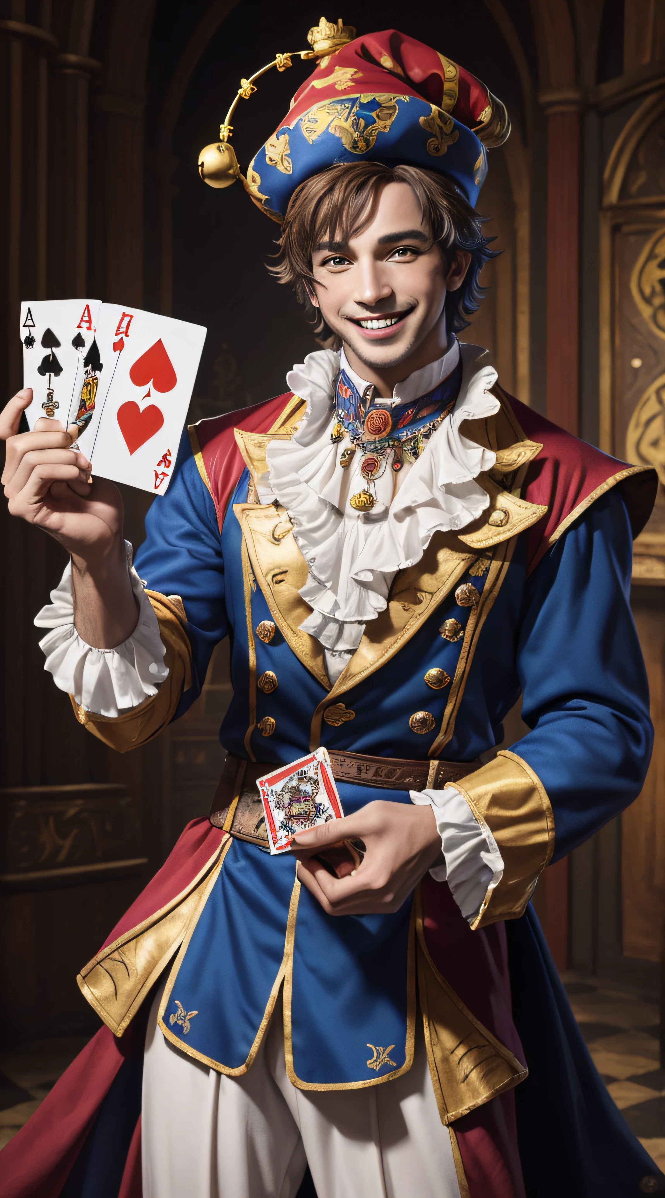 (Masterpiece), a jester of the king juggles with playing cards. Buffoon with beautiful colors on his costume, a hat with bells, coarse makeup, mischievous smile (bright colors, digital art, digital photography, best quality, ultra detailed, HDR, 16k)