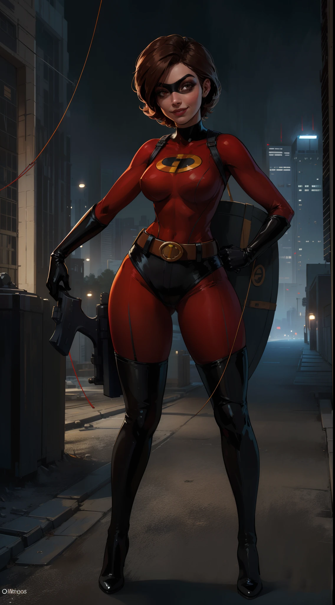 ElastigirlHelenParr, 
red_unitard, belt, black_thigh_boots, eye_mask, black_over-shorts, 
full_body, 
outdoors, (holding, slingshot), aiming_at_viewer, light_smile, shadow, metropolis, night,, (masterpiece:1.3), (best_quality:1.3), (ultra_detailed:1.3), 8k, extremely_clear, realism, (ultrarealistic:1.3),, 1girl, solo, wide_shot,, seductive_smile,