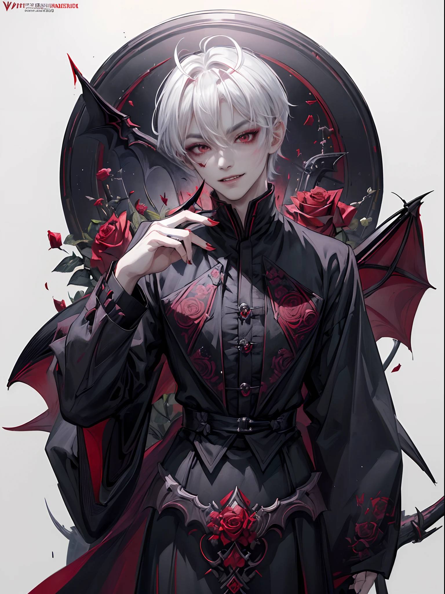 ((4K works))、​masterpiece、（top-quality)、((high-level image quality))、((One beautiful vampire man))、Slim body、((Vampire Black Y-Shirt Fashion))、(Detailed beautiful eyes)、((Red roses and crows on fantastic black background))、Inside the Evil Castle、((Face similar to Chaewon in Ruseraphim))、((short-haired))、(((white  hair)))、((Smaller face))、((Neutral face))、((Red Eyes))、((Korean Male))、((18year old))、((wild boy))、((Show your teeth and smile))、((Korean makeup with black eyeshadow))、((elongated and sharp eyes))、(((Shot alone)))、((Vampires))、Vampire Photos、Villain、Dark Proof、((Shot diagonally from the side))、Vampire Pose