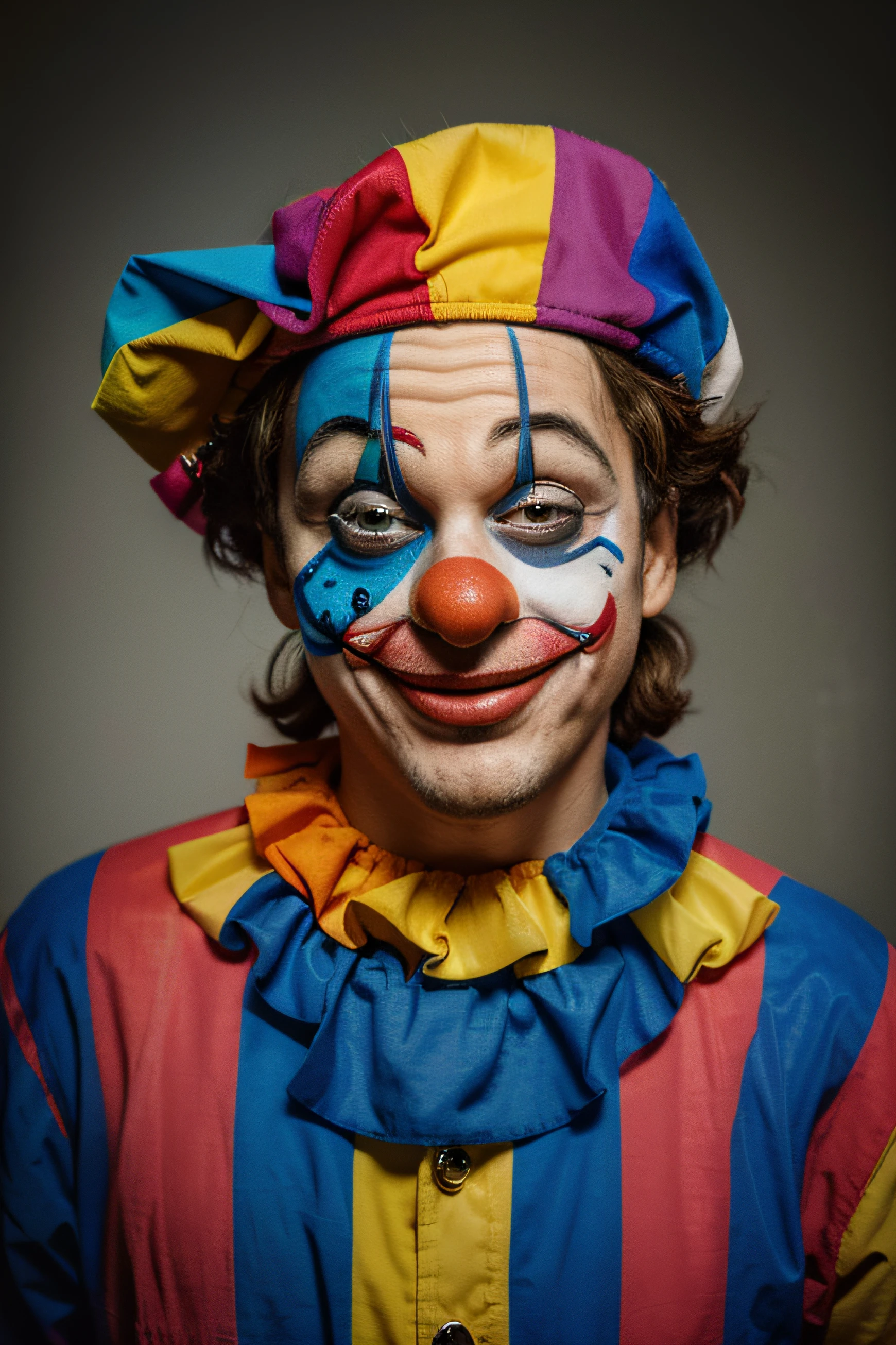 portrait of funny, friendly clown, colour, modern times, real photo,