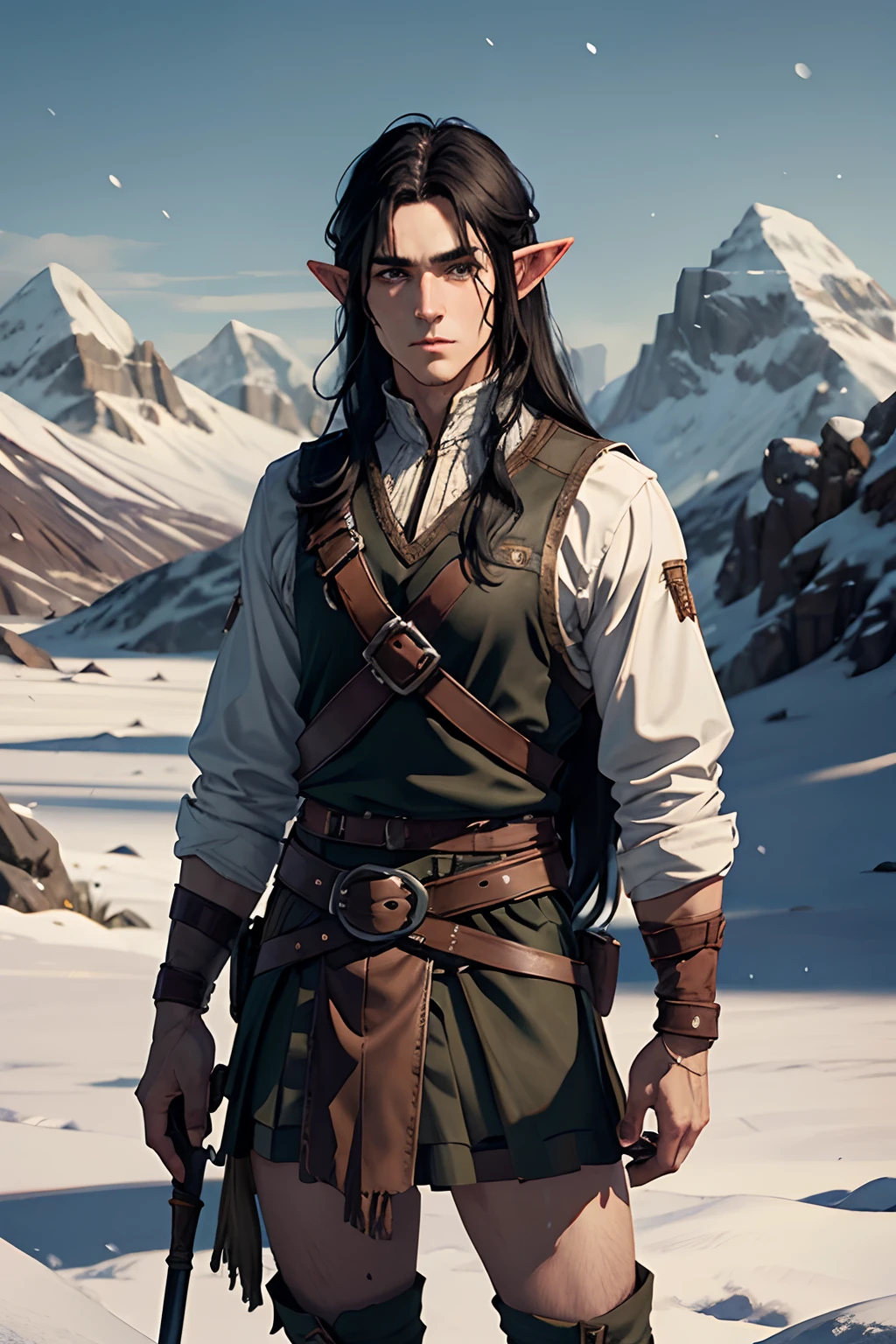 Lonely male elf. ah high. Long black hair.  A manly face with a scar. Leather Bib. knee-length kilt. weaponless. Snow-covered tundra with mountains. Fantasy