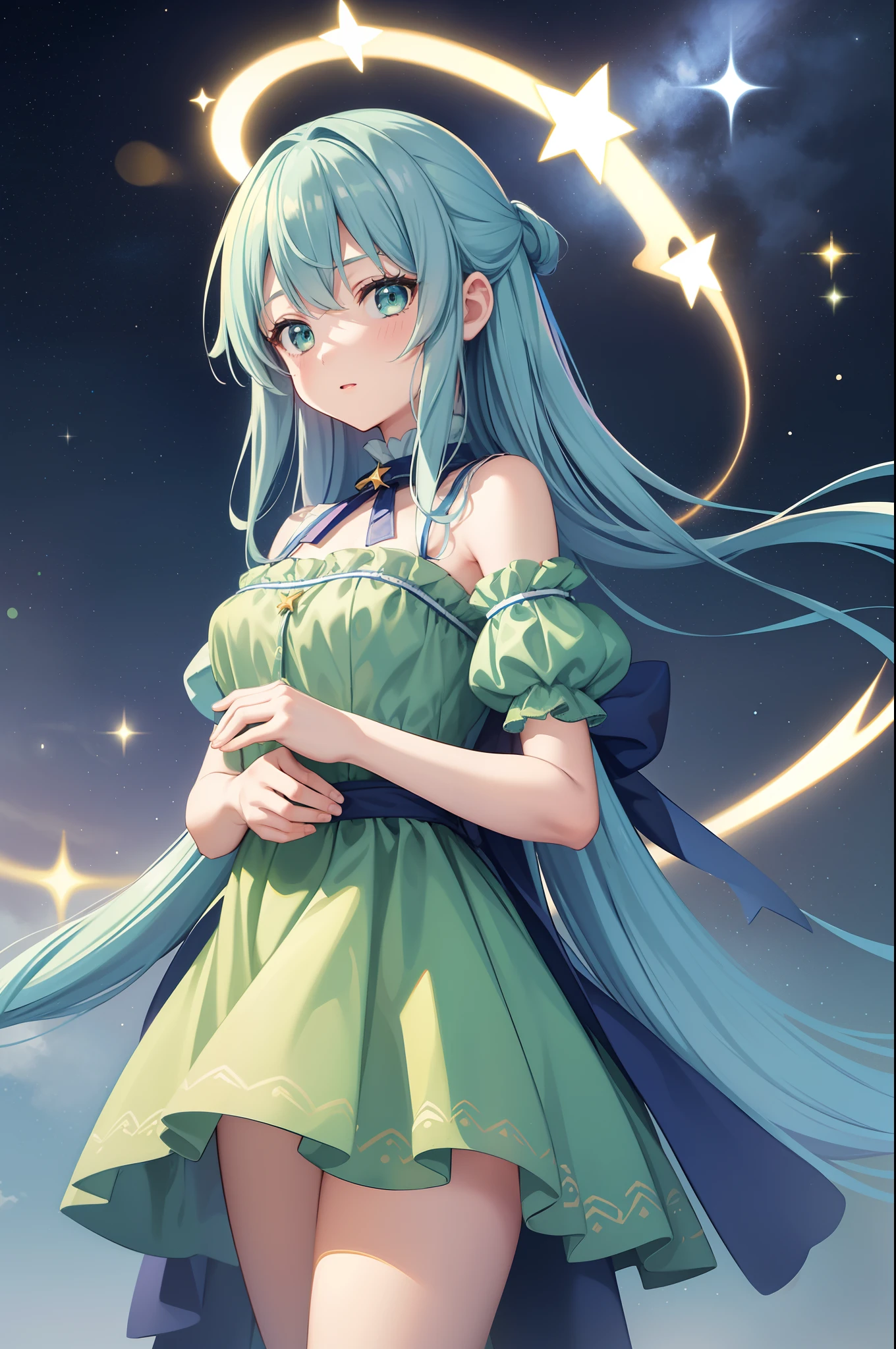 1 girl in、Long blue hair、Twin-tailed、Green eyes、Drawn from a specific angle、Looking at the camera、delicate finger、beautiful ilumination、fuffy dress、Yellow and brown skirts，Background with　Stars are shining in the night sky(High resolution of the highest quality)、((Masterpieces of the highest quality:1.2))