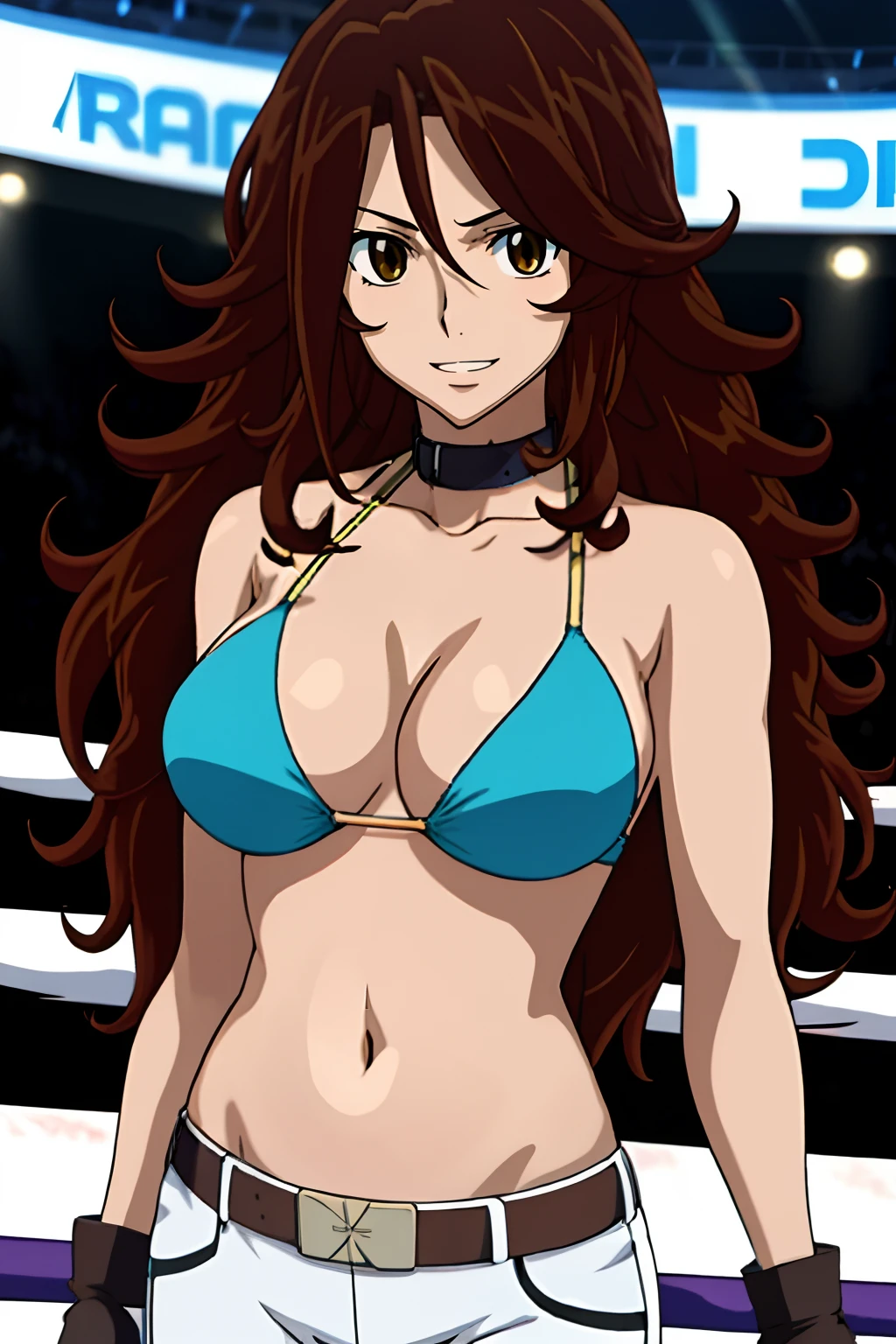 curvy midsection, solo, 1 girl, female wrestler, ultra toned arms, smile, ), (detailed titration screen, upper body only, anime style: 1.8, anime drawing, ultra detailed face, ultra detailed body, 4k, Sumergai Lee Noriega, (standing), best quality, anime style, hires, highest definition, digital blending, bold drawing lines, ((wwe diva), ((location: wrestling arena, crowds watching)), ( pro female wrestler, slim body, (little biceps), , off-shoulders, closed fists, (very curvy: 2.8)), ((elegant bikini , shorts, white gloves, collar, arm band, (champion belt))), (pale skin, big breasts, widely open mouth, teeth), (big eyes, brown eyes, shiny eyes), (), (brown hair, loose hair, curly hair, wavy hair, long hair, missy hair), 27 years old