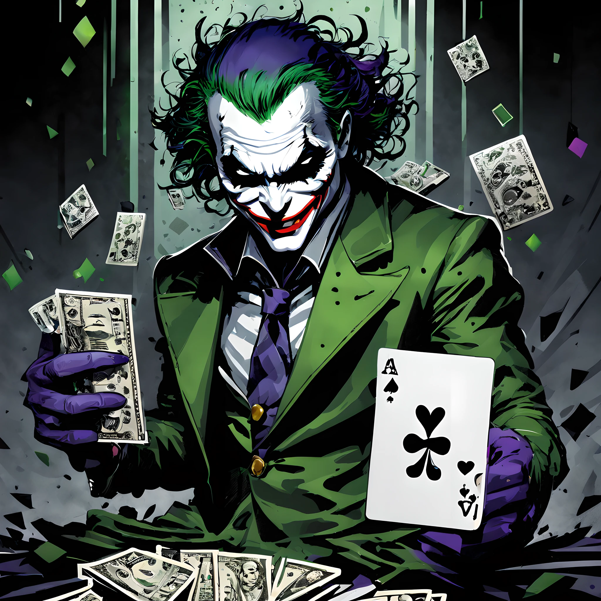 rice porridge, card, splash playing cards background, At the casino, Wear the look of a death metal band, card, dollar, coin, Gotham、