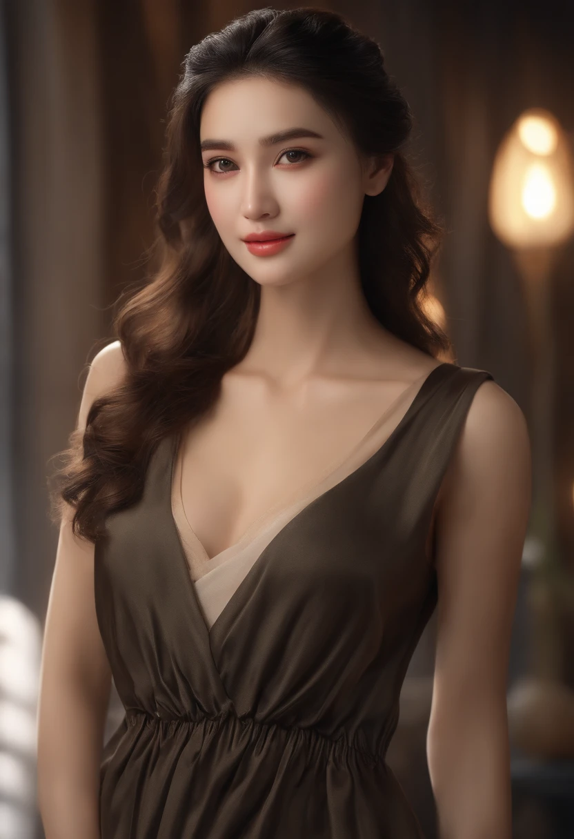 (masterpiece:1.3), (8K, Photorealsitic, RAW Photography, Top image quality: 1.4), japanes, (1girl in), beauitful face, (lifelike face), (A dark-haired, Long:1.3), Beautiful hairstyle, realisticeyes, Eyes in Beautiful Details, (real looking skin), Beautiful skins, enticing, 超A high resolution, A hyper-realistic, High Detail, the golden ratio, (Detal Face:1.2), see the beholder,a smile,Slightly open shirt,middlebreast,is standing,put hands on the hip,20yr old,Tank tops