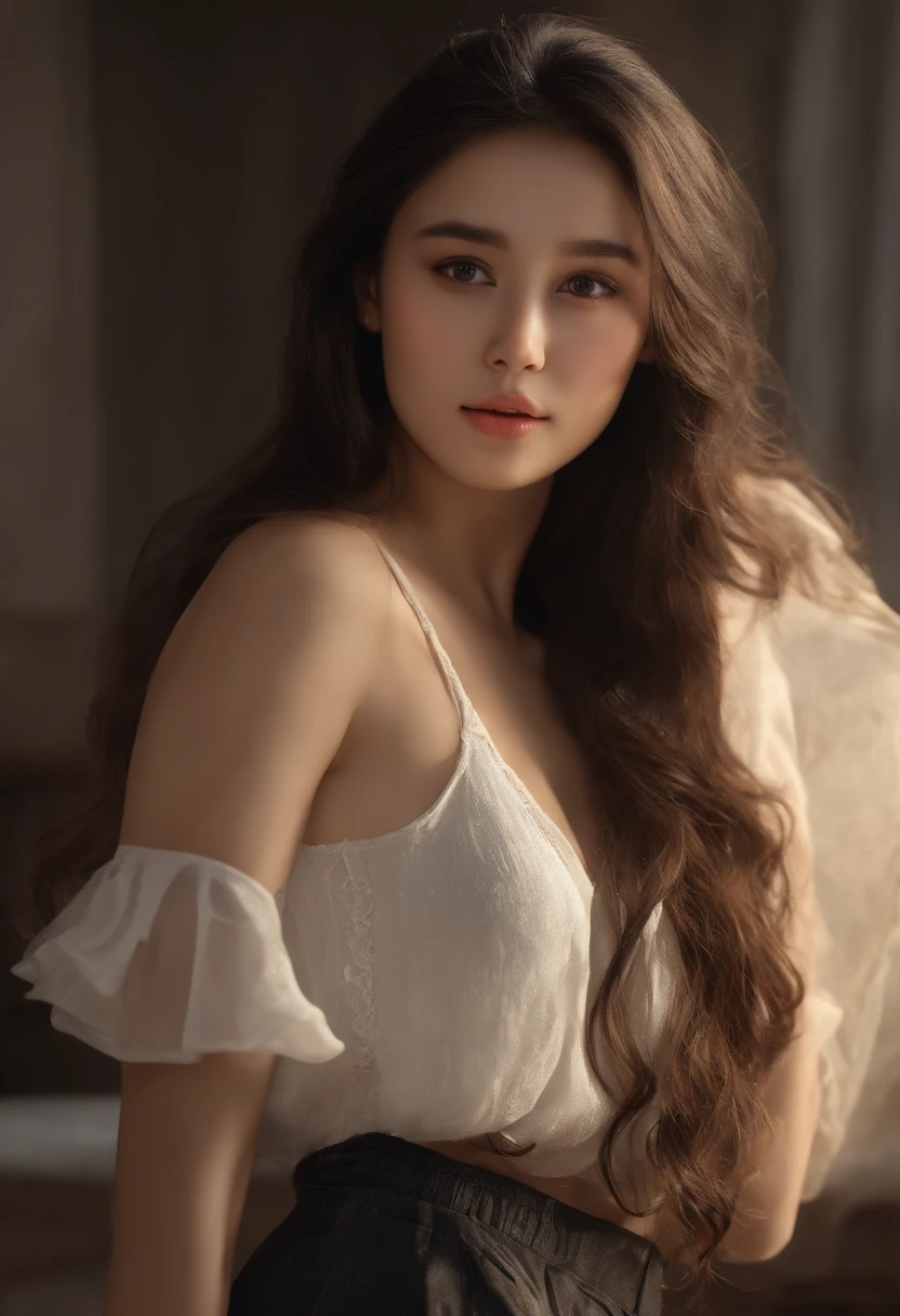 (masterpiece:1.3), (8K, Photorealsitic, RAW Photography, Top image quality: 1.4), japanes, (1girl in), beauitful face, (lifelike face), (A dark-haired, Long:1.3), Beautiful hairstyle, realisticeyes, Eyes in Beautiful Details, (real looking skin), Beautiful skins, enticing, 超A high resolution, A hyper-realistic, High Detail, the golden ratio, (Detal Face:1.2), see the beholder,a smile,Slightly open shirt,middlebreast,is standing,put hands on the hip,20yr old,Tank tops