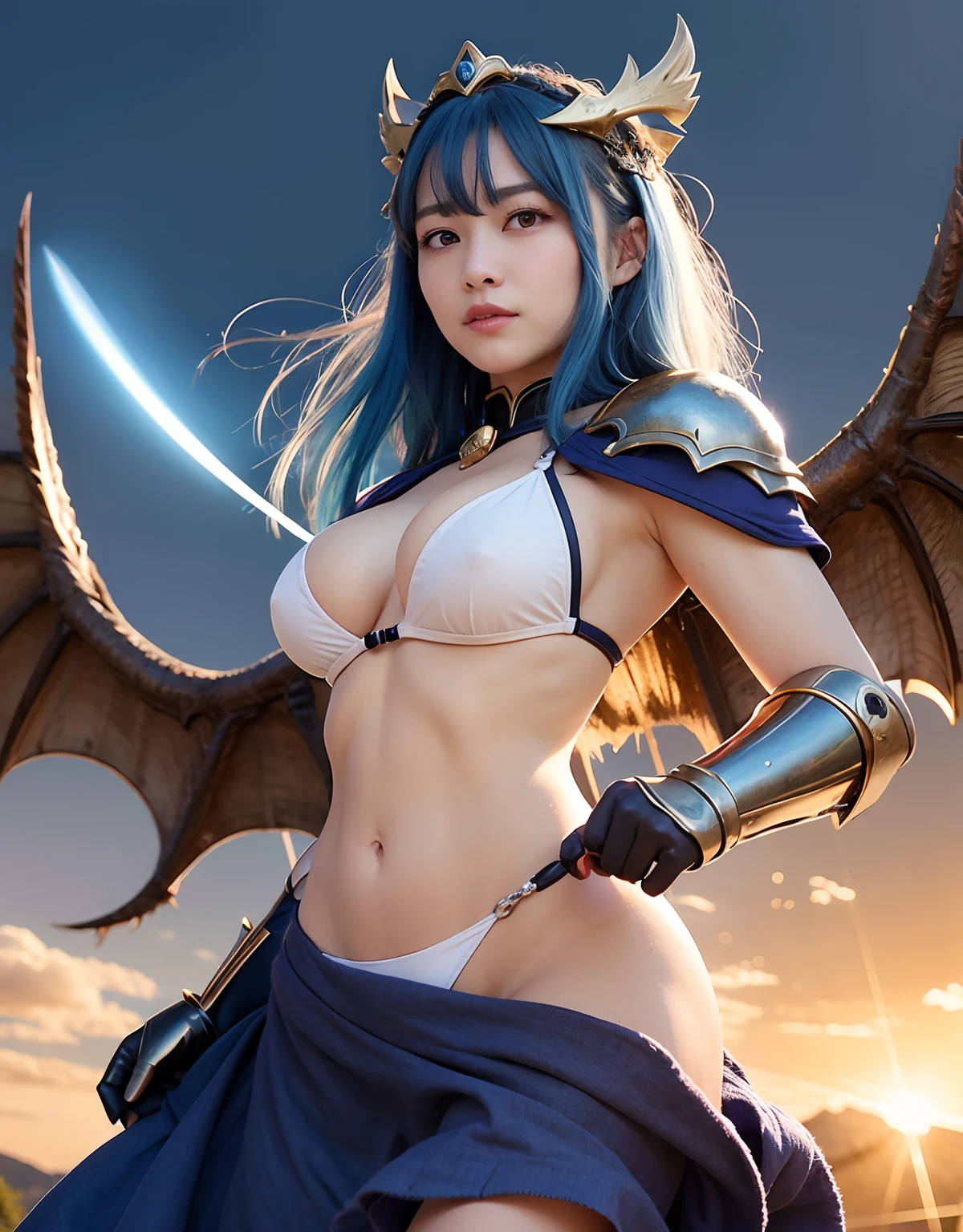 Professional , ​masterpiece、top-quality、photos realistic , 、top-quality、超A high resolution、(Photorealsitic:1.4)、Raw photo、depth of fields （Gemstone Gold Bikini Armor:1.9),(Matte White、Toostock、cleavage of the breast、（cleavage of the breast）、（Detailed Bikini Armor）、（Have the strongest weapon）、（(Random Hairstyles 1.6),Dark Fantasy,）explosions、intense fighting、（Precipitous cliffs),Dragon Gold Weapon,Mystical expression、Particles of light、Fight dragons、（Detailed Dragon Helmet),Gorgeous Silver Weapons ,（（ Dragon's dense and gorgeous sword）） , Beautiful knife   ,warhammer 40k ,Detail and gorgeous crown、（（Blue hair））、（Castle background）、、（（Gangle's forest background））、Beautiful Caucasian beauty、１a person、dynamic ungle,((()))、Smaller head、A smile、Castle background、Thin and beautiful female hands、cleavage of the breast、Soldier in iron armor on background、Mystical expression、Light Effects、intense fighting、Wind-effect、magic circles、With the legendary magic wand、（demonic wings）、Toostock、