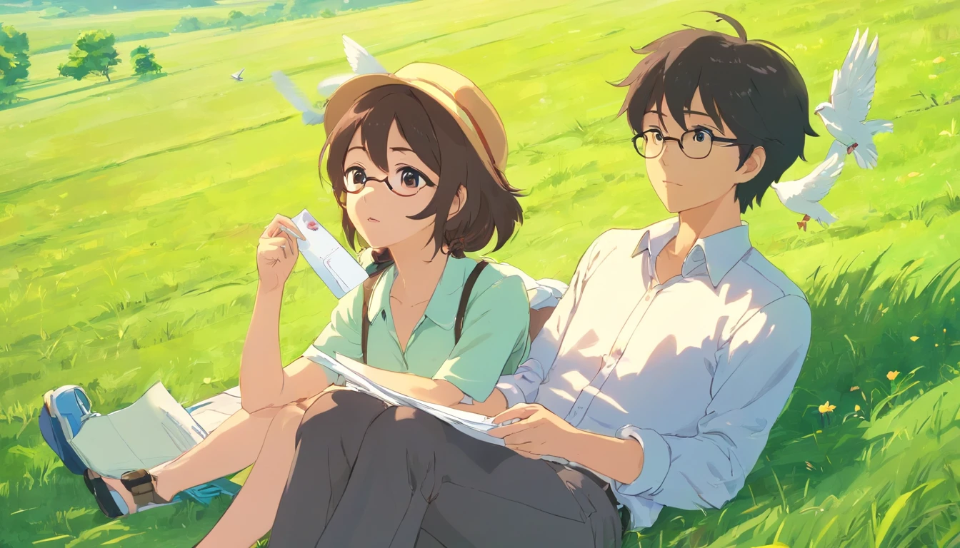 A young couple is lying on the grass. They've got their faces next to each other, But their bodies drift away in opposite directions. They're looking up at the sky, contemplando o belo dia que faz. The girl is wearing a light summer dress and has a summer hat by her side to protect her from the sun. The boy is wearing a white shirt, wears glasses, and wears a bowler hat on his chest. He also holds a paper airplane in his right hand, in the shape of a bird. The background is a green field with some trees in the distance. The day is sunny and steady, sem nuvens. The scene conveys a sense of tranquility, amizade e romance.
