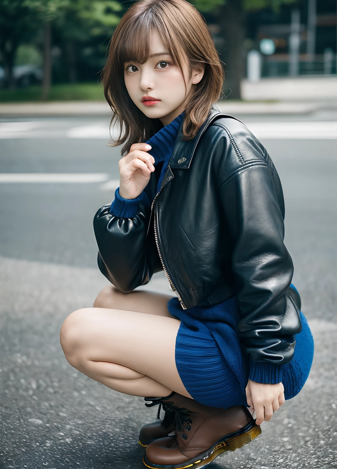 (delicate illustration:1.3),(masterpiece:1.0), (best quality:1.4), (ultra highres:1.2), (photorealistic:1.5), (cinematic),high contrast, bokeh, (hdr:1.4), dramatic lighting, sidelighting, (8k, RAW photo:1.2), (sharp focus:1.3), (((full body))),(film gain:0.9), (vhsbvideo:0.8), (analog film photography:0.8), lomography, HOLGA, HOLGA DIGITAL, BANZART ZIEGEL, Lomo LC-A 120, EKTACHROME E100,view from side,
break,
(18yo:1.4),(((1girl dancing))),(voluptuous gyaru wearing detailed dark-blue long leather riders jacket on oversized long knit dress:1.3) , ((brown contacts, sweaty colored skin)),((huge breast)),open mouth, bangs:1.5,airly wavy short bob cut, messy blonde hair,woman, ((dr.martens boots)),
break,round face, (baby face),beautiful detailed eyes, tareme, (small eyes),thin_eyebrows,(face focus), slim, (japanese famous actress),(cute), (beautiful),eye bags,
