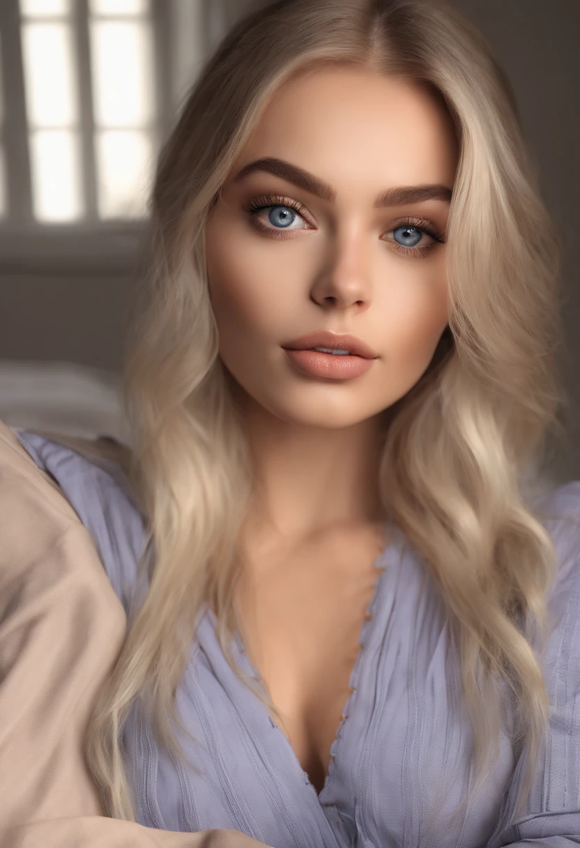 arafed woman fully , sexy girl with blue eyes, ultra realistic, meticulously detailed, portrait sophie mudd, blonde hair and large eyes, selfie of a young woman, bedroom eyes, violet myers, without makeup, natural makeup, looking directly at the camera, face with artgram, subtle makeup, stunning full body shot kneeling on bed, in bedroom, large size bust