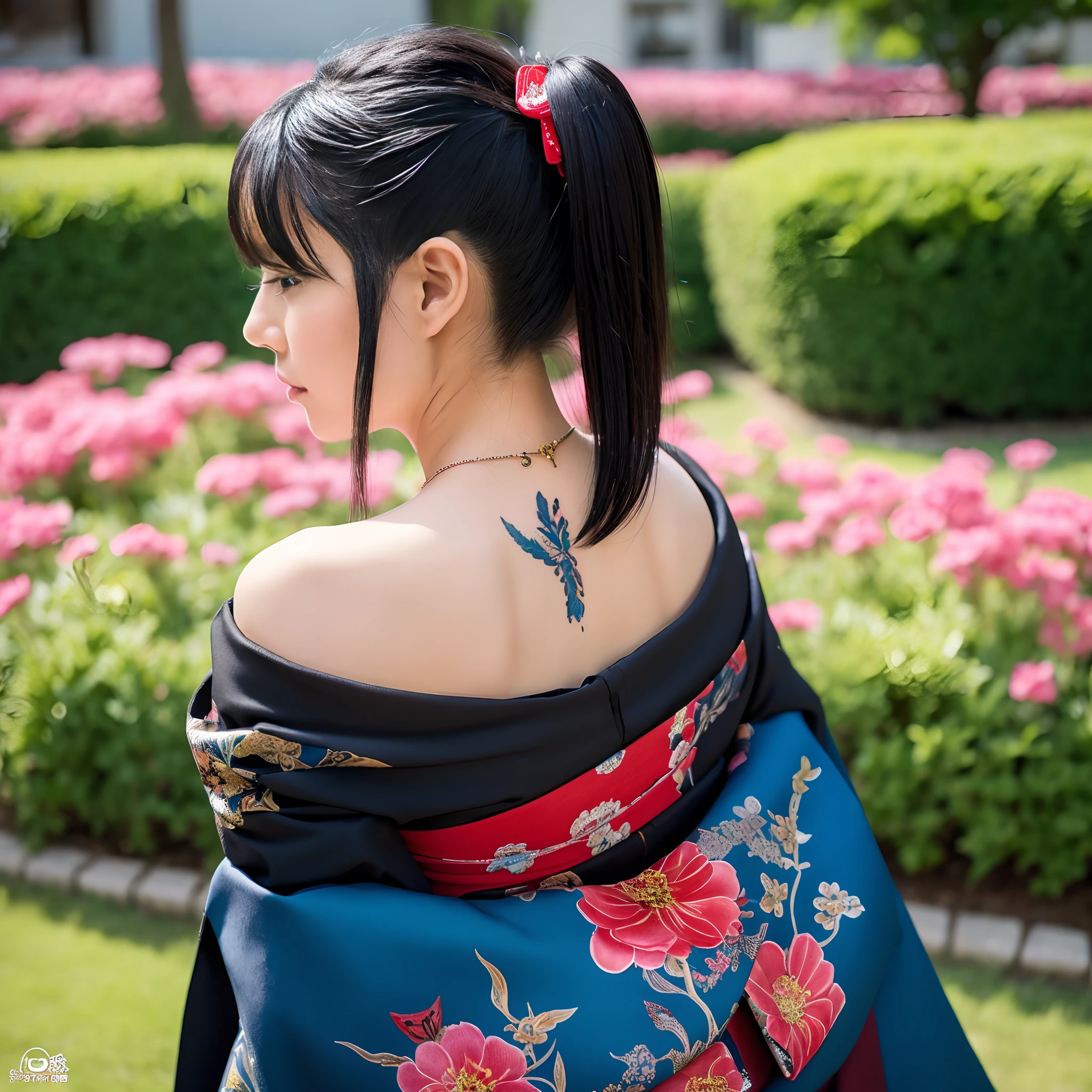 masutepiece, of the highest quality, Best Quality, Official art, Beautiful and aesthetic:1.2),1girl in, The tattoo, Solo, Komono, Red and black kimono, Hair Ornament, unsheathing, Black hair, scabbard, back tattoo, Dragon tattoo, Blue eyes, off shoulders, Bare shoulders, Looking back, from behind, flower, Looking at Viewer, Holding, makeup, plein air,Japan Oiran、High image quality ultra-detail and detail、