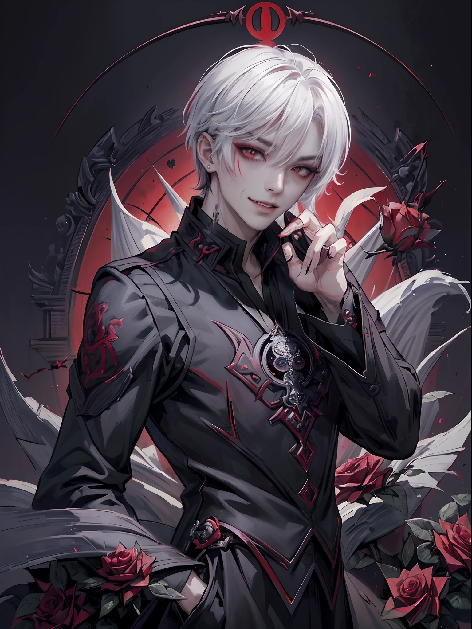 ((4K works))、​masterpiece、（top-quality)、((high-level image quality))、((One beautiful vampire man))、Slim body、((Vampire Black Y-Shirt Fashion))、(Detailed beautiful eyes)、((Red roses and crows on fantastic black background))、Inside the Evil Castle、((Face similar to Chaewon in Ruseraphim))、((short-haired))、(((white  hair)))、((Smaller face))、((Neutral face))、((Red Eyes))、((Korean Male))、((18year old))、((wild boy))、((Show your teeth and smile))、((Korean makeup with black eyeshadow))、((elongated and sharp eyes))、(((Shot alone)))、((Vampires))、Vampire Photos、Villain、Dark Proof、((Shot diagonally from the side))、Vampire Pose