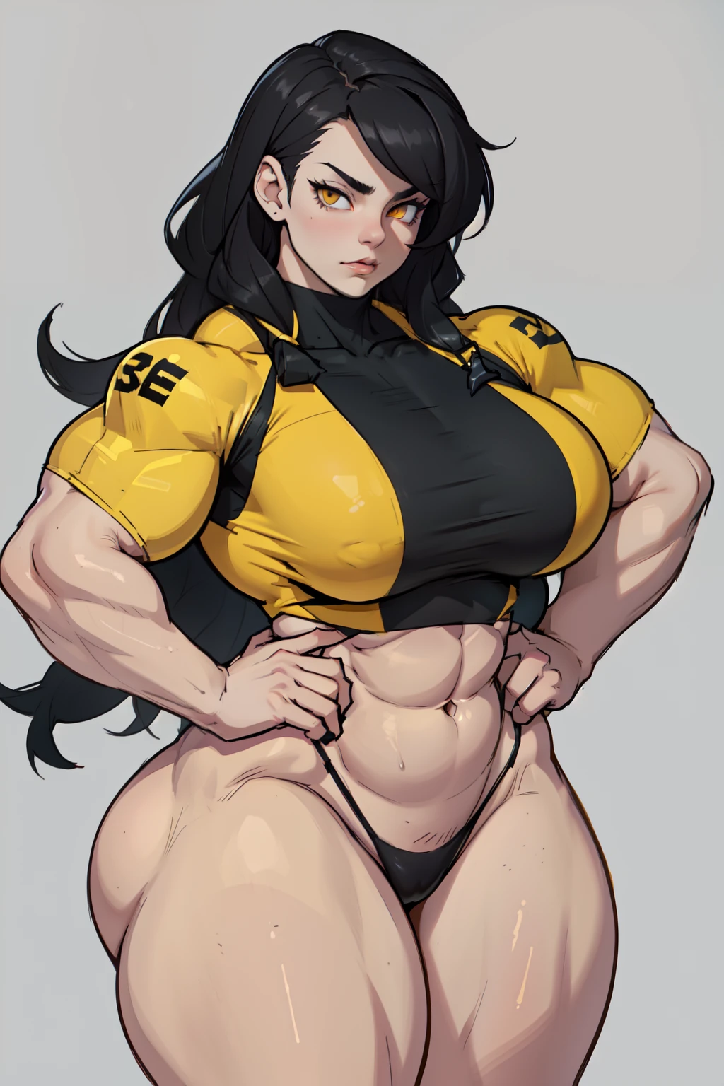 ((((1girl bodybuilder)))) pale skin black hair very long hair yellow eyes long abs ((curvy wide hips thick thighs huge breasts grey background)) tight clothes