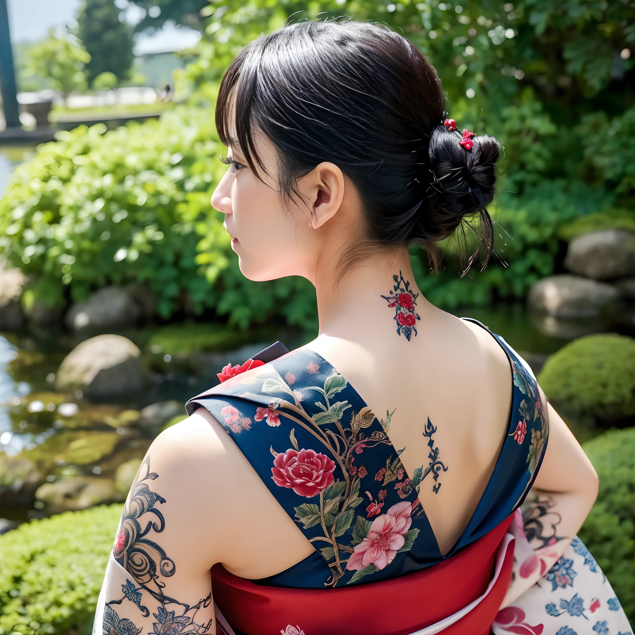masutepiece, of the highest quality, Best Quality, Official art, Beautiful and aesthetic:1.2),1girl in, The tattoo, Solo, Komono, Red and black kimono, Hair Ornament, unsheathing, Black hair, scabbard, back tattoo, Dragon tattoo, Blue eyes, off shoulders, Bare shoulders, Looking back, from behind, flower, Looking at Viewer, Holding, makeup, plein air,Japan Oiran、High image quality ultra-detail and detail、