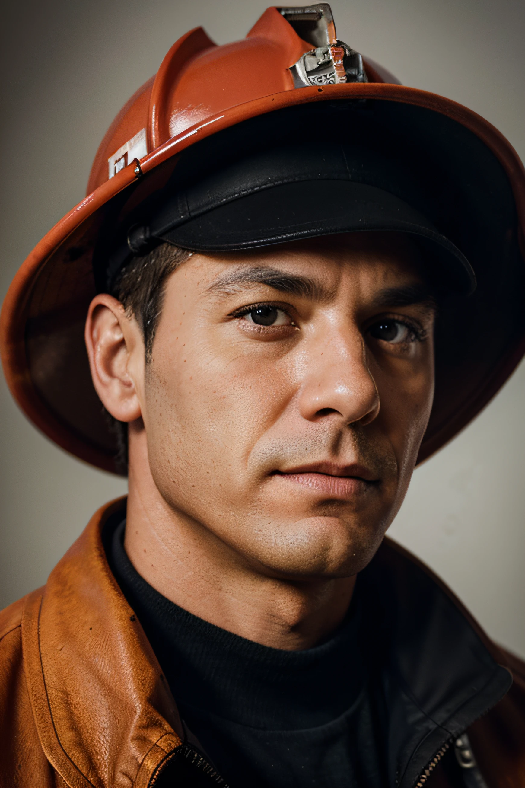 portrait of fireman, wide-angle lens, real photo, --style raw